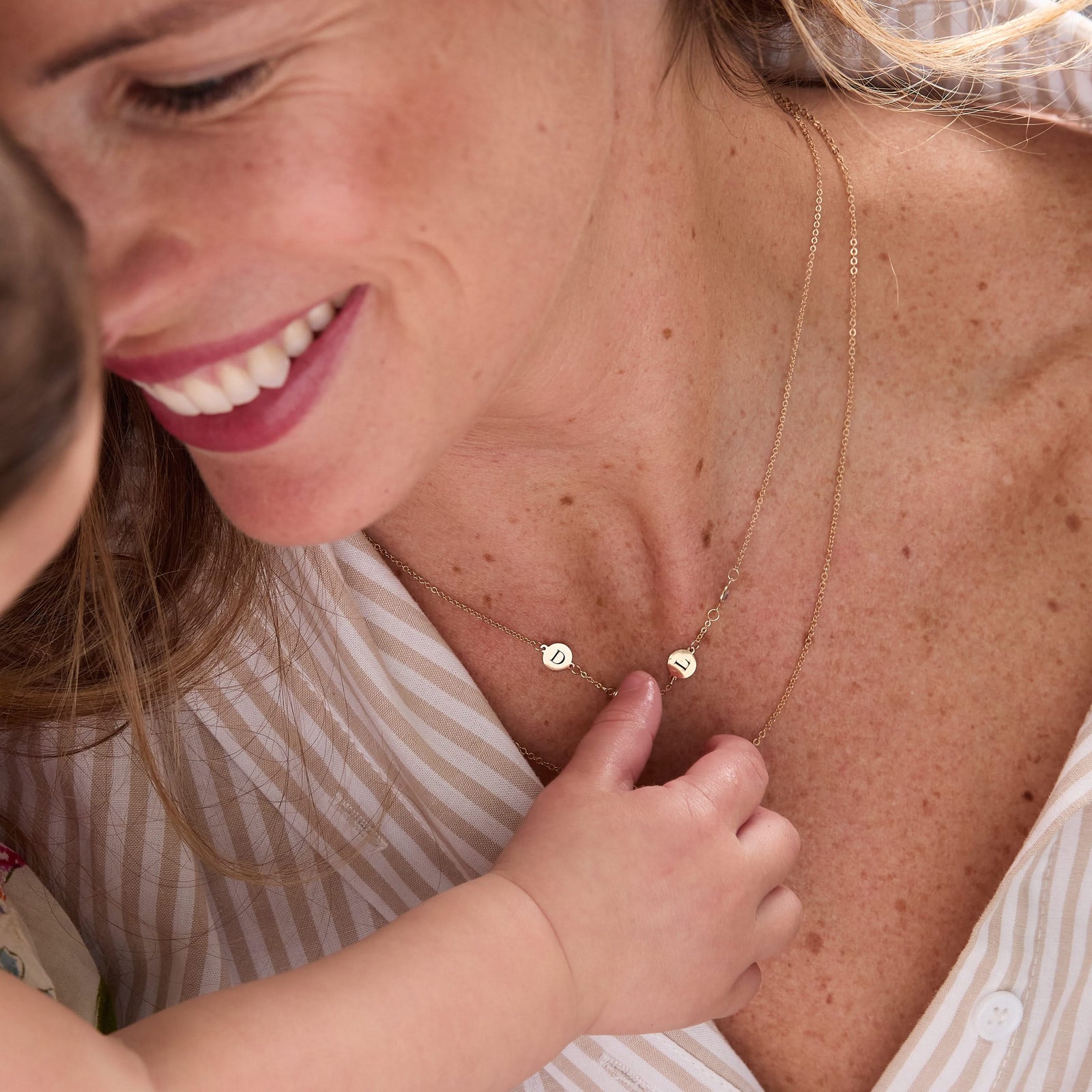 2 Letter & 2 Petite Birthstone Necklace in 14k Gold (Single Spacing)