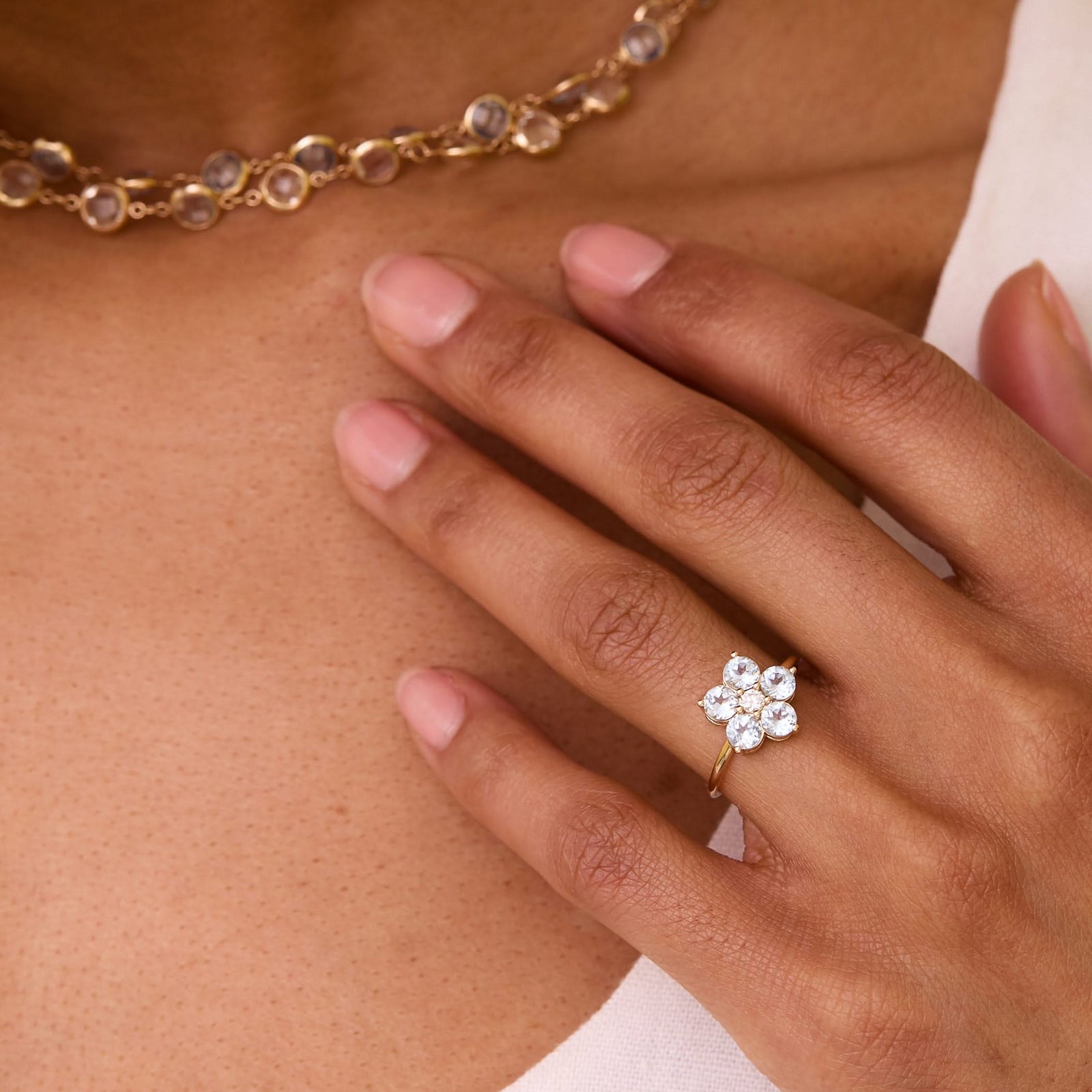 Greenwich Flower Aquamarine & Diamond Ring in 14k Gold (March)