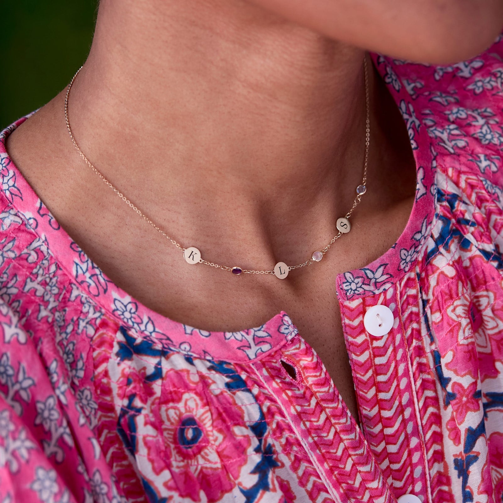 3 Letter & 3 Petite Birthstone Necklace in 14k Gold (Single Spacing)