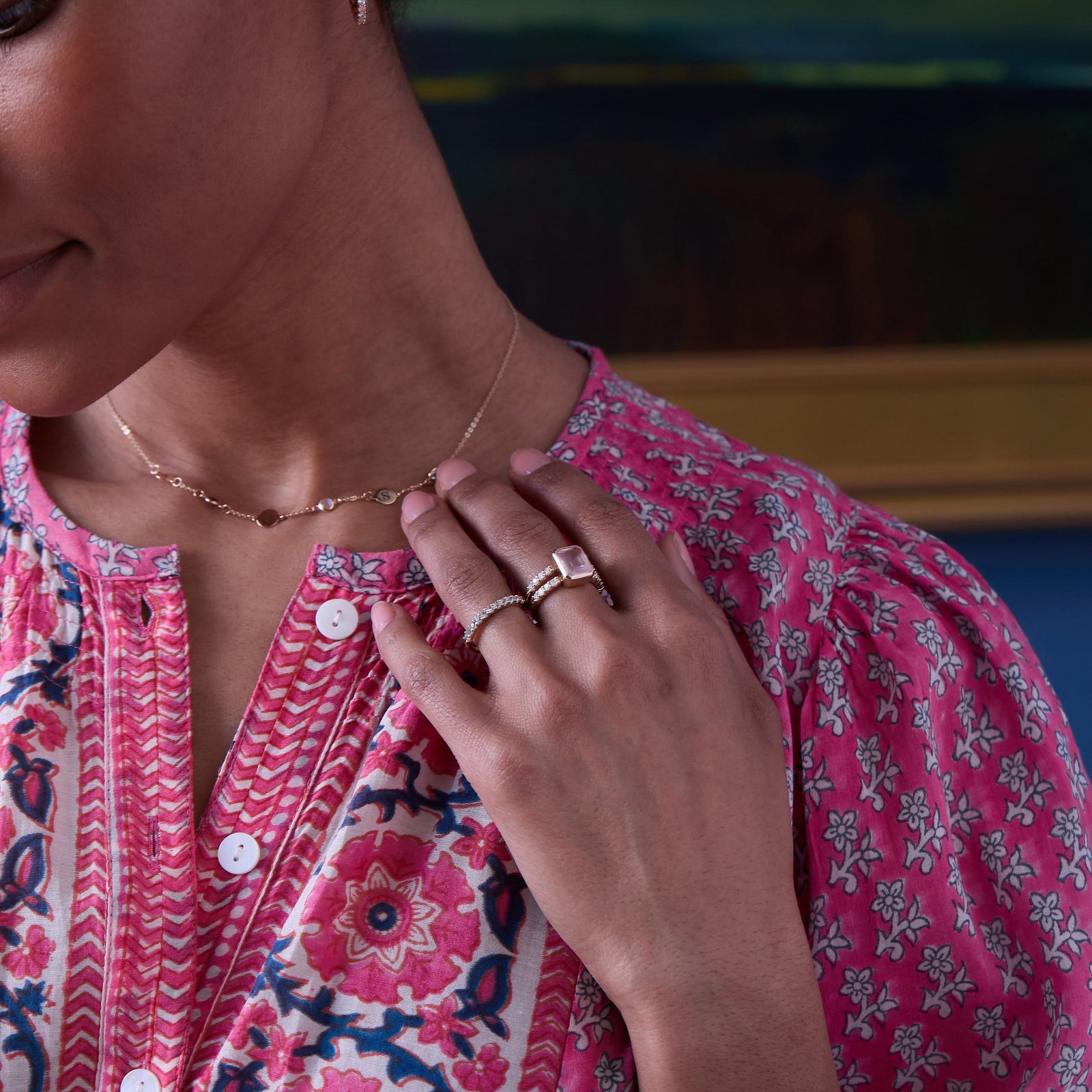 Warren Vertical Rose Quartz Ring with Diamonds in 14k Gold (October)