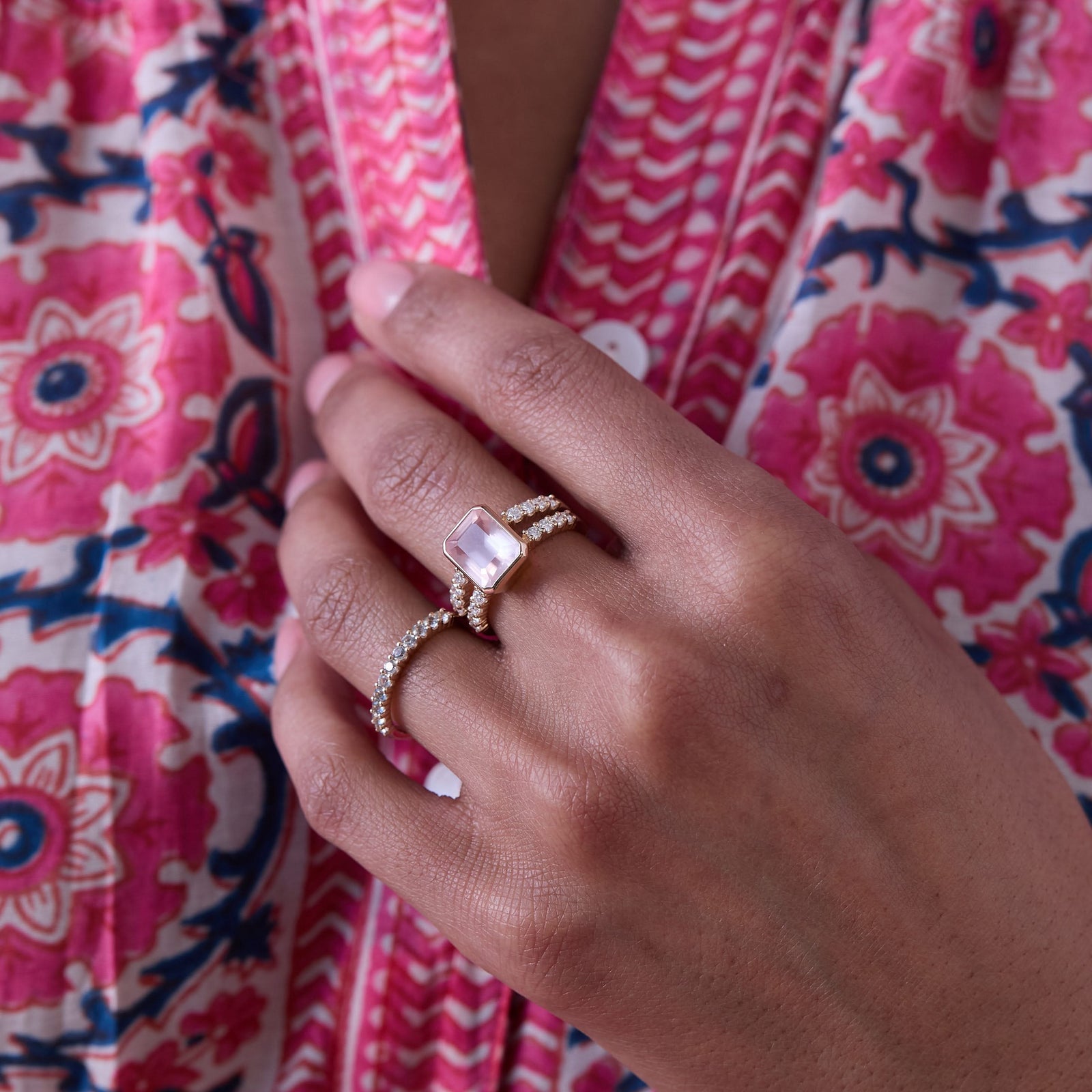 Warren Vertical Rose Quartz Ring with Diamonds in 14k Gold (October)
