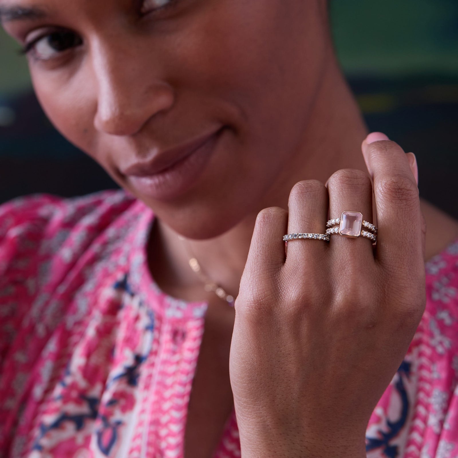 Warren Vertical Rose Quartz Ring with Diamonds in 14k Gold (October)