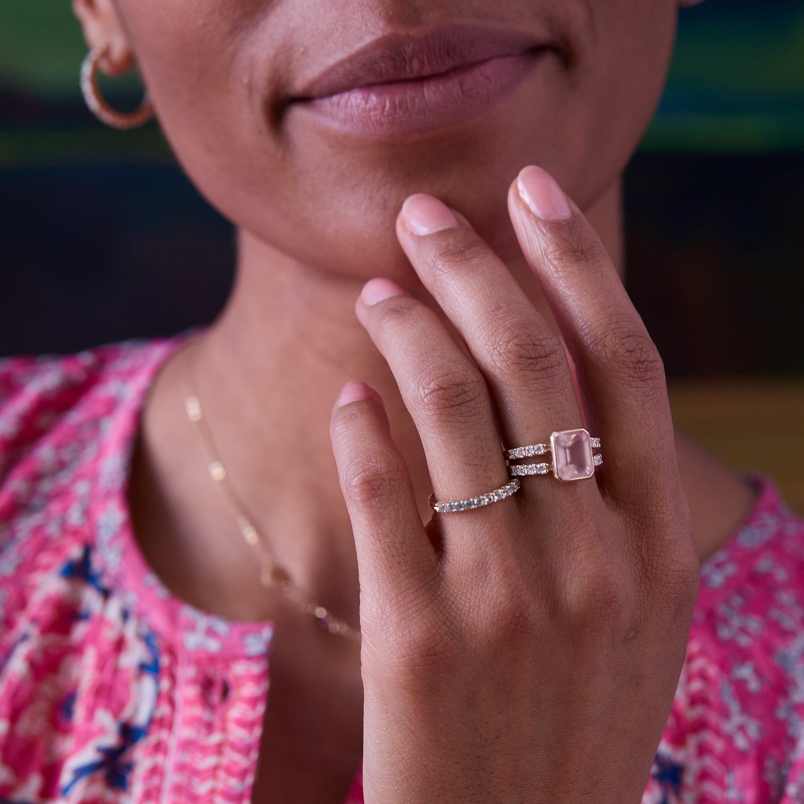 Warren Vertical Rose Quartz Ring with Diamonds in 14k Gold (October)