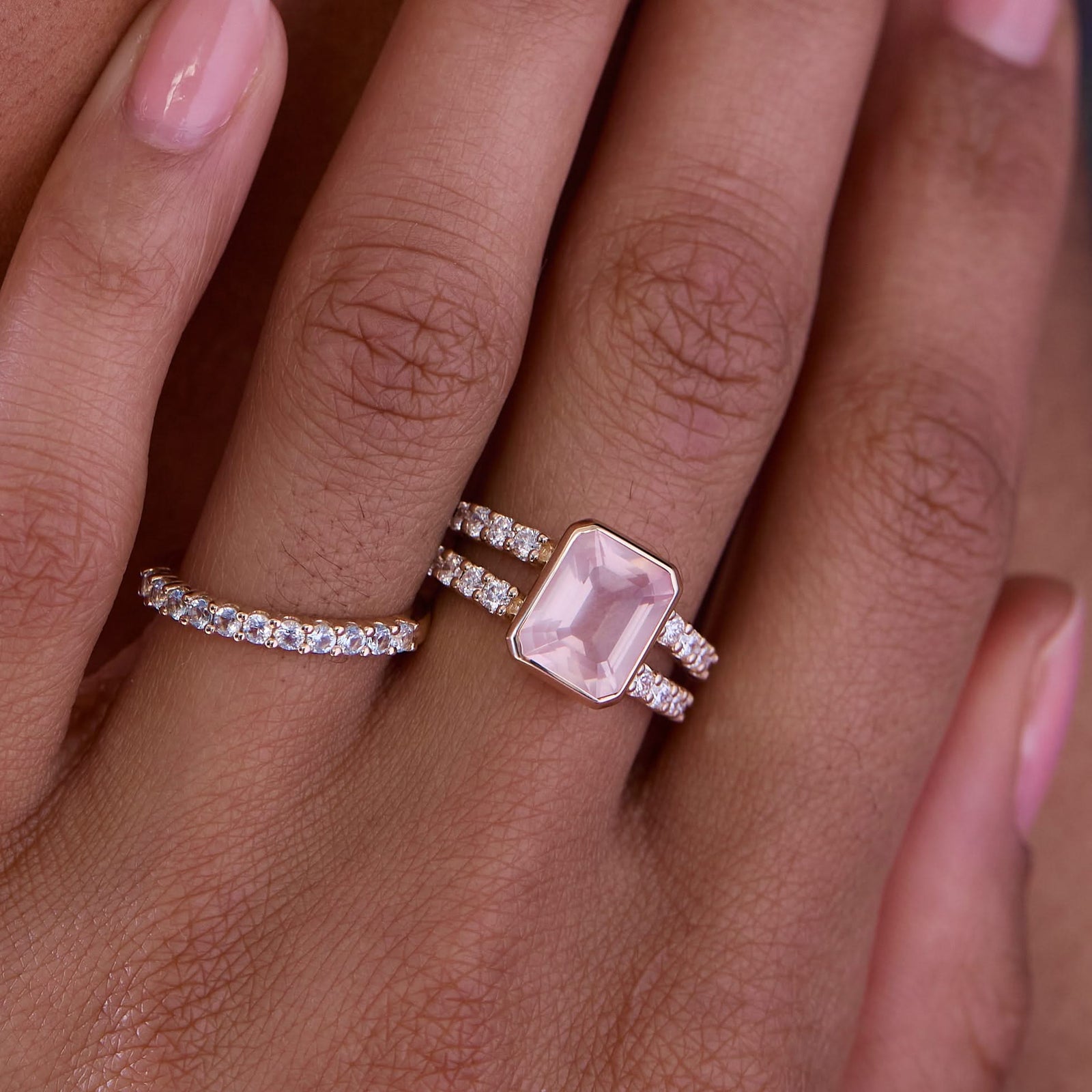 Warren Vertical Rose Quartz Ring with Diamonds in 14k Gold (October)