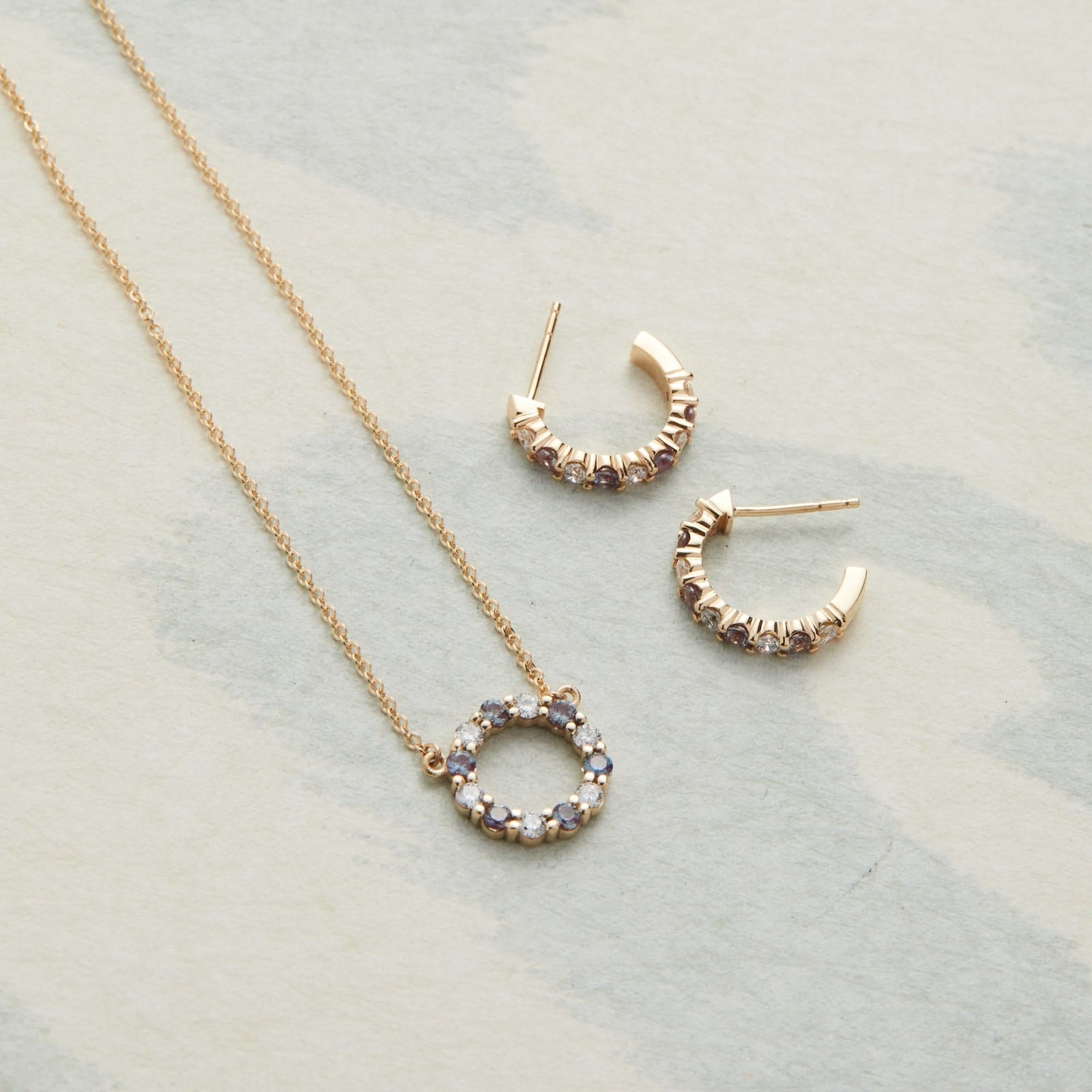 Rosecliff Small Circle Diamond & Alexandrite Necklace and Huggie Hoop Earrings Set in 14k Gold (June)
