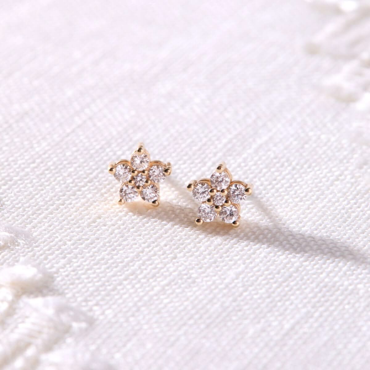 Greenwich Mini Flower Birthstone & Diamond Earrings in 14k Gold