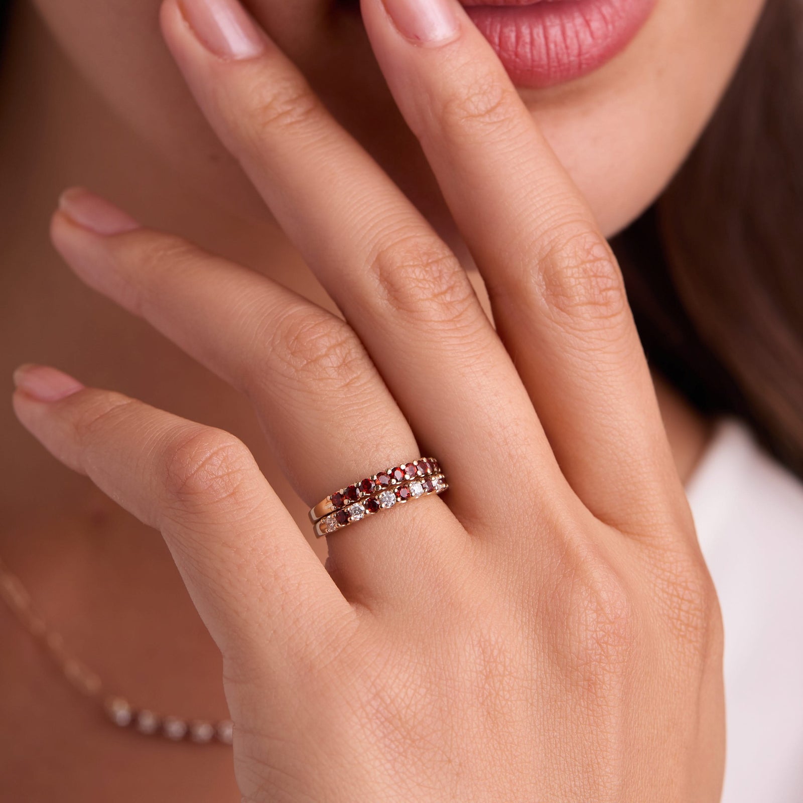 Rosecliff Diamond & Garnet Stackable Ring in 14k Gold (January)