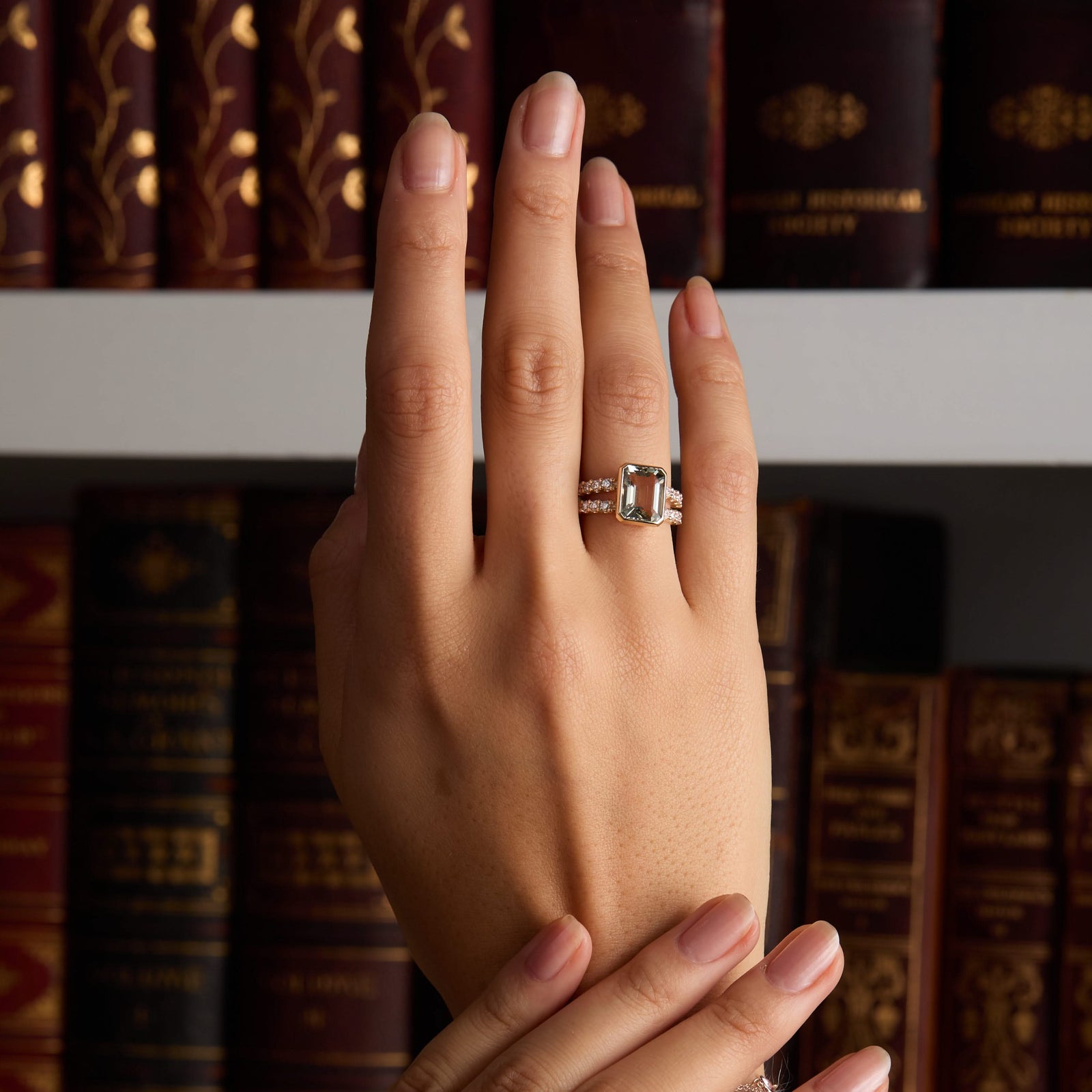 Warren Vertical Green Amethyst Ring with Diamonds in 14k Gold (February)