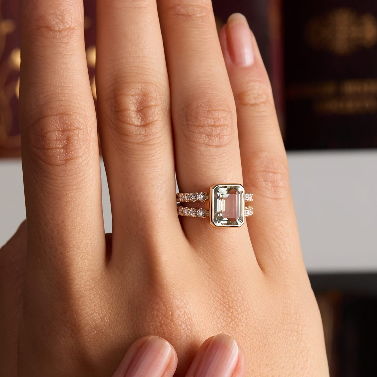 Warren Vertical Green Amethyst Ring with Diamonds in 14k Gold (February)