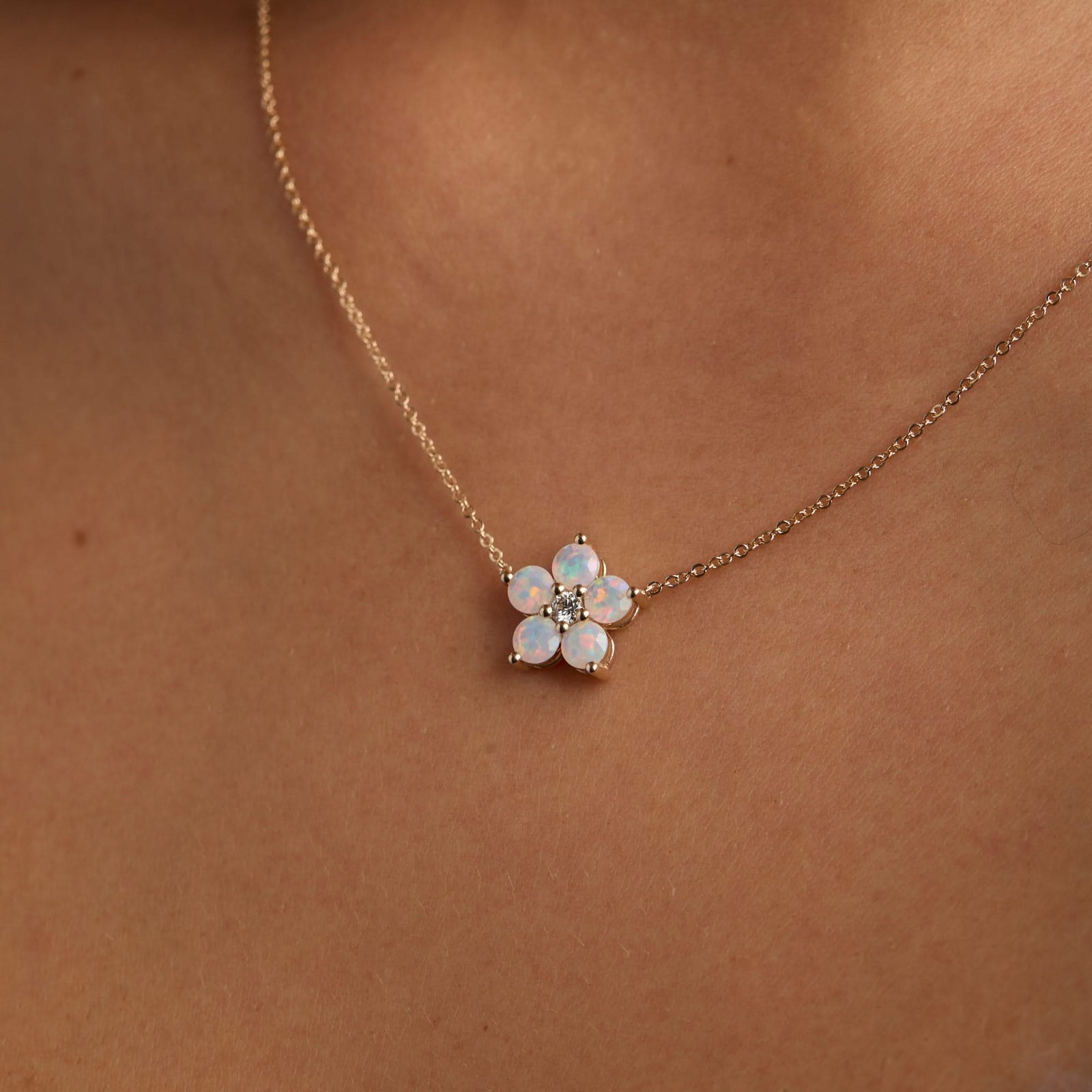 Greenwich Flower Opal & Diamond Necklace in 14k Gold (October)