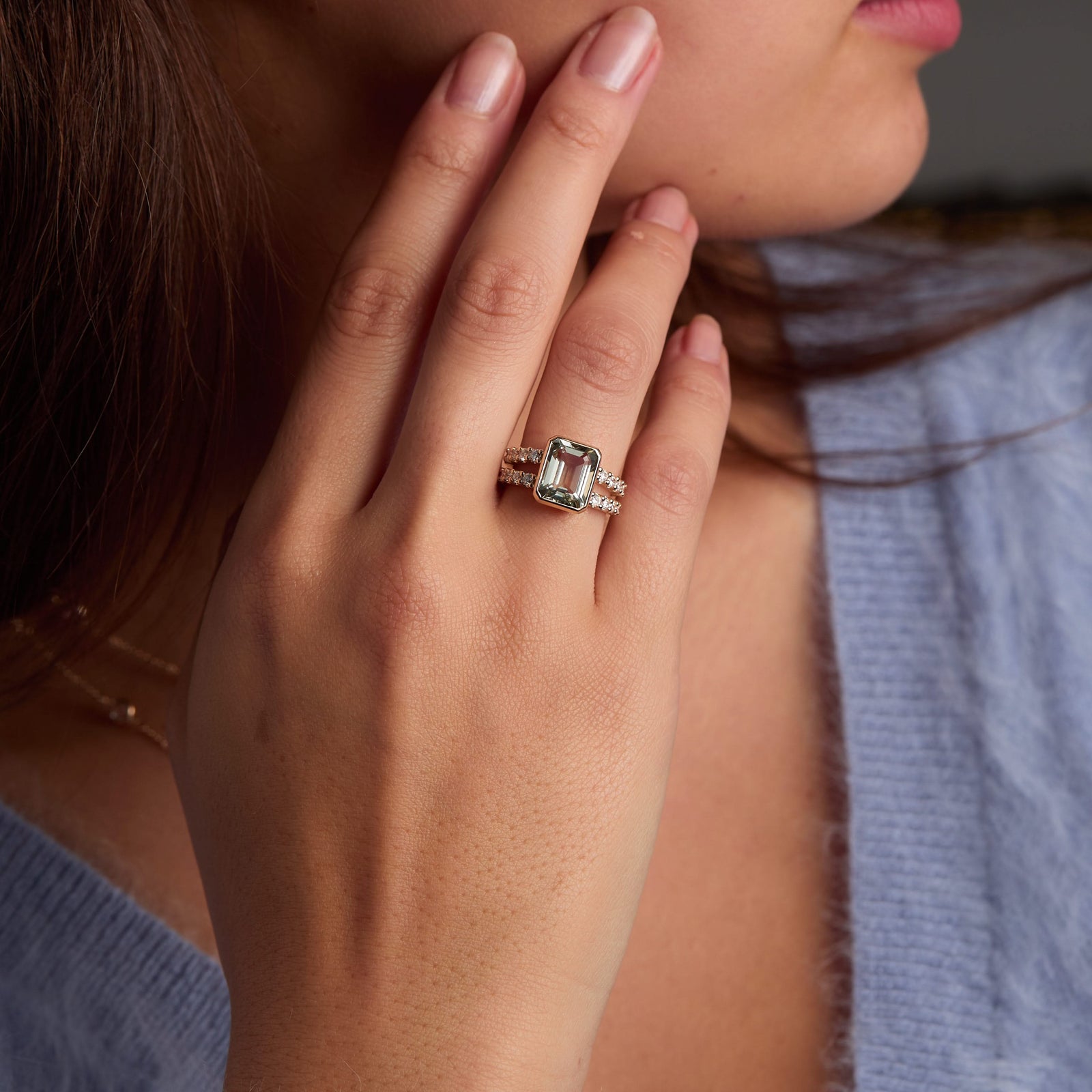 Warren Vertical Green Amethyst Ring with Diamonds in 14k Gold (February)