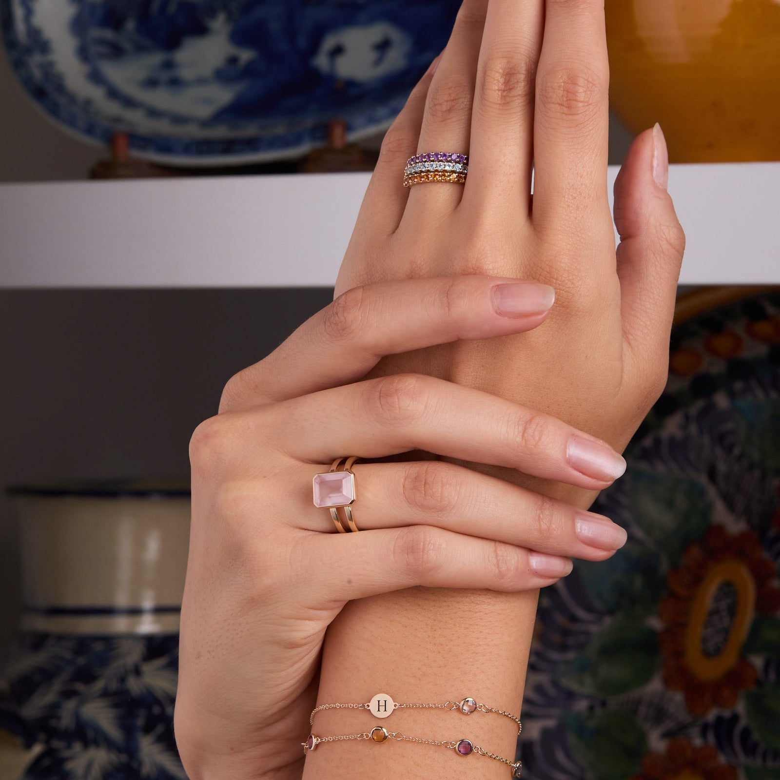 Warren Vertical Rose Quartz Ring in 14k Gold (October)