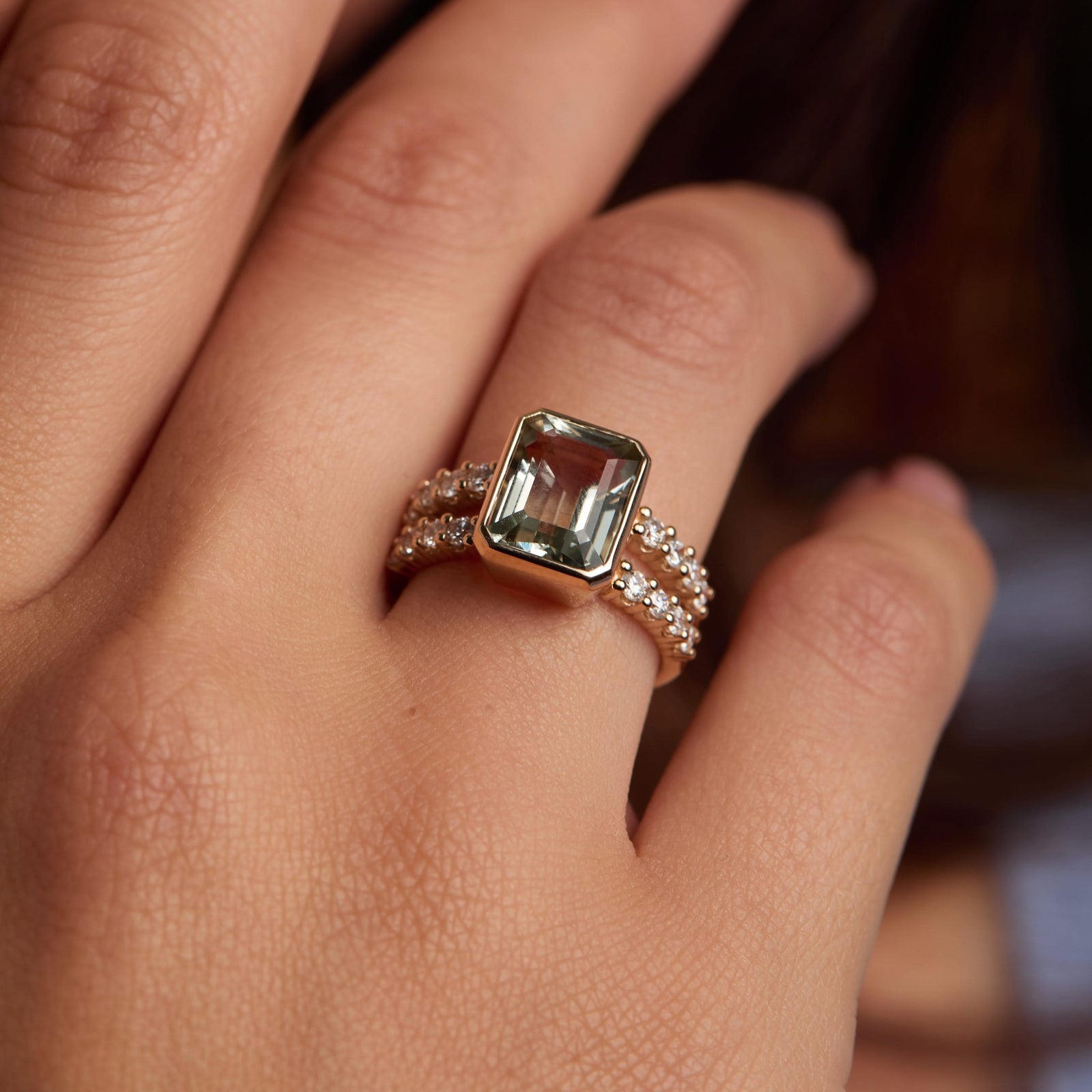 Warren Vertical Green Amethyst Ring with Diamonds in 14k Gold (February)