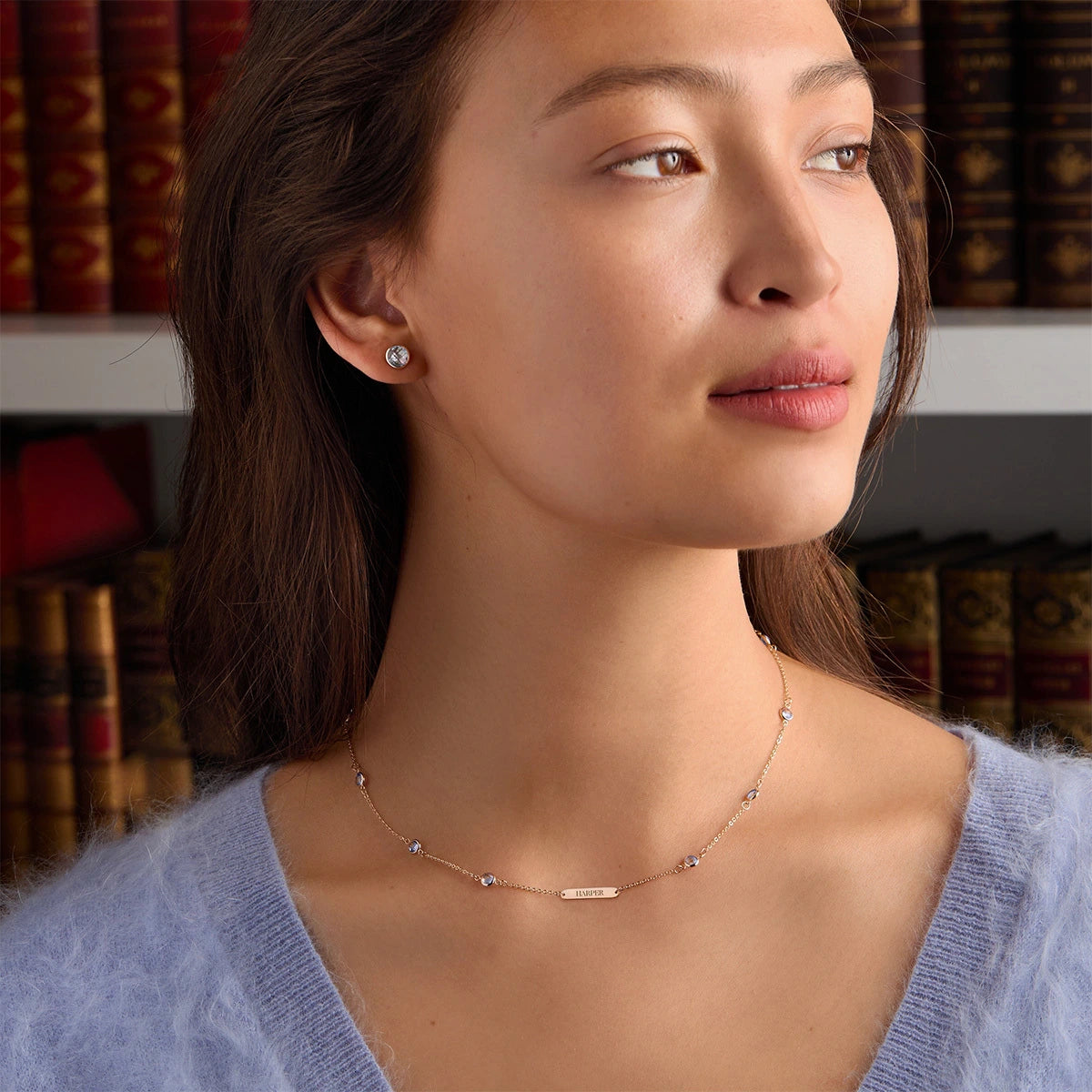 1 Nameplate & 10 Petite Aquamarine Necklace in 14k Gold (March)