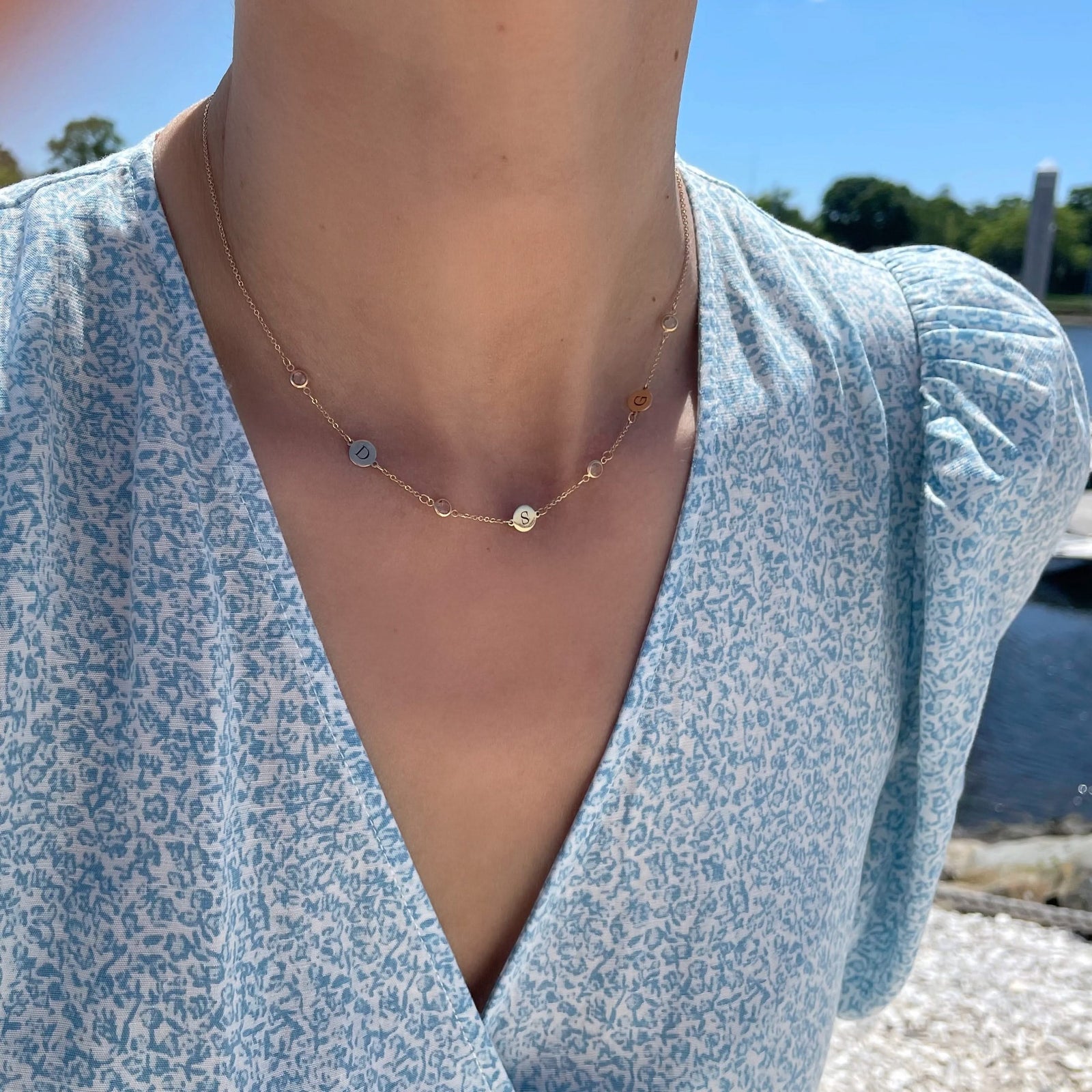 3 Letter & 4 Petite Birthstone Necklace in 14k Gold (Double Spacing)