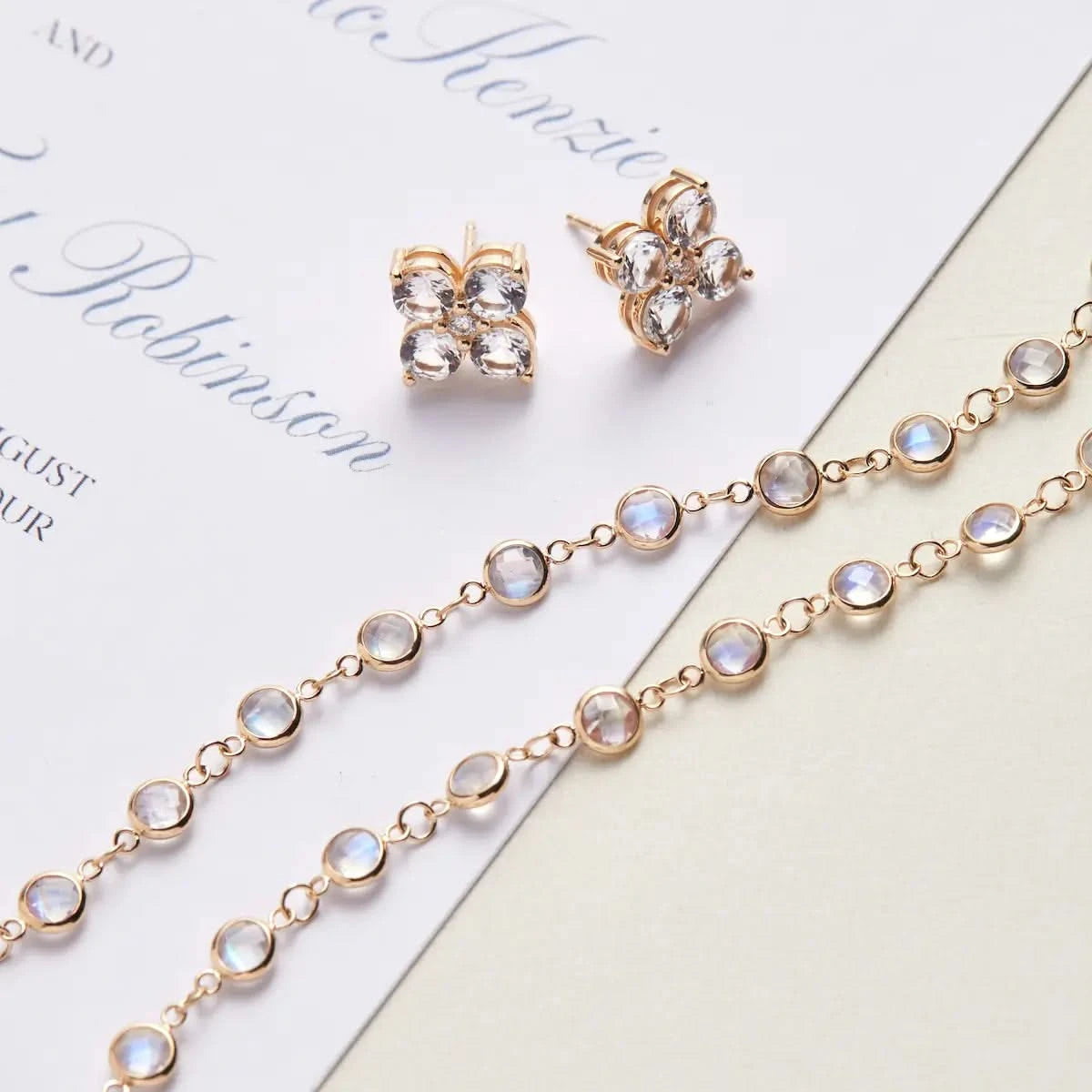 Moonstone Newport Necklace and white gemstone floral studs styled together for a soft, elegant bridal or event look.
