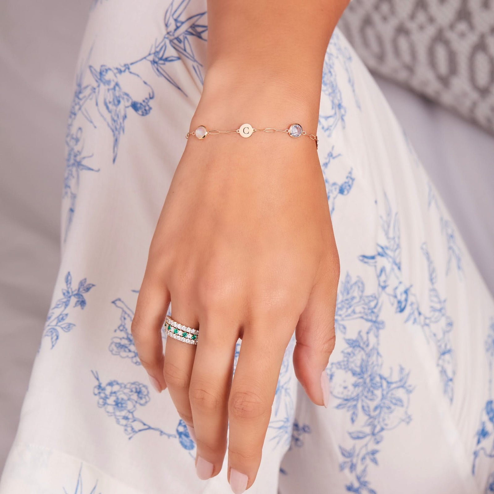 3 Letter & 3 Grand Birthstone Adelaide Mini Bracelet in 14k Gold