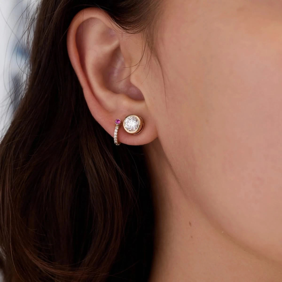 Tiny Birthstone Huggie Hoops with Diamonds in 14k Gold