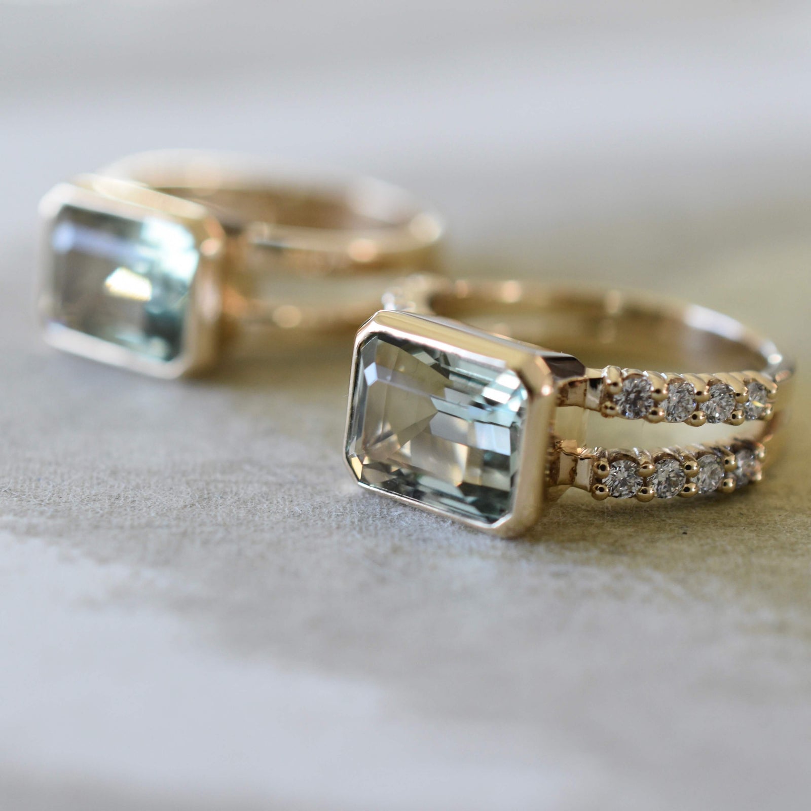 Asorted Haverhill Warren rings, including Warren Horizontal Green Amethyst Ring with Diamonds, featuring an 8 x 10mm Green Amethyst and 16 prong-set diamonds.