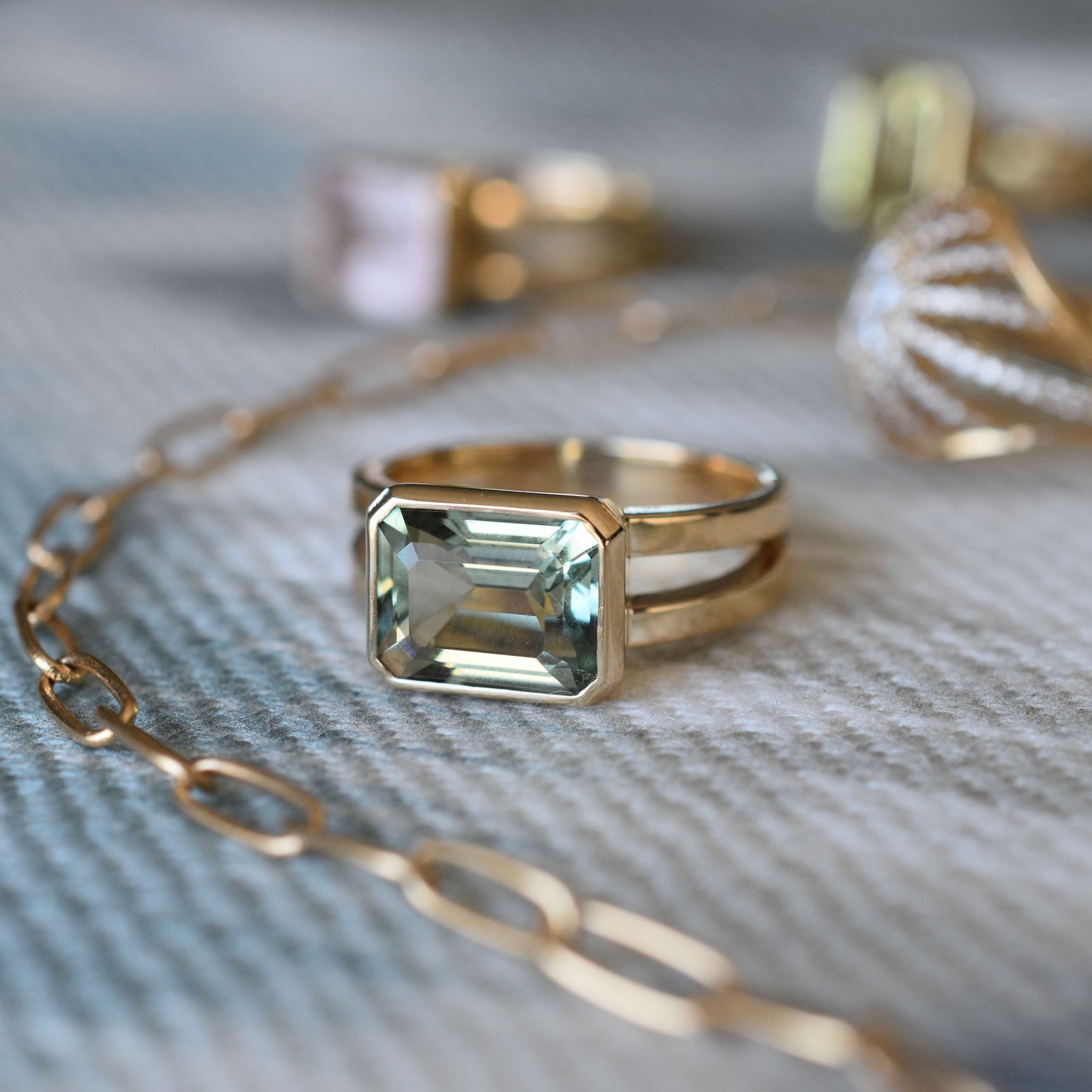 Assorted Haverhill Warren rings, including Warren Horizontal Green Amethyst Ring, featuring an emerald-cut 8 x 10mm Green Amethyst, hand-set horizontally in a 14k-gold bezel.