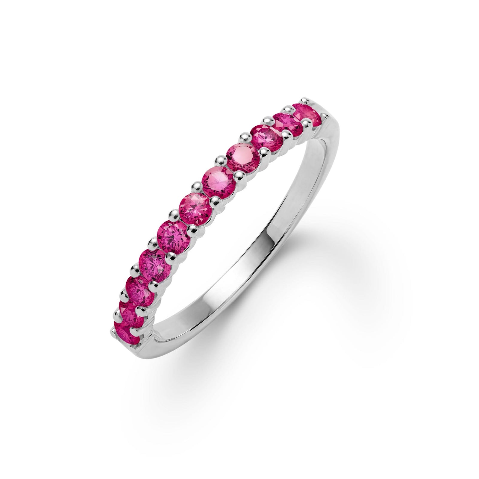 Rosecliff stackable ring featuring eleven 2 mm faceted round cut rubies prong set in 14k white gold