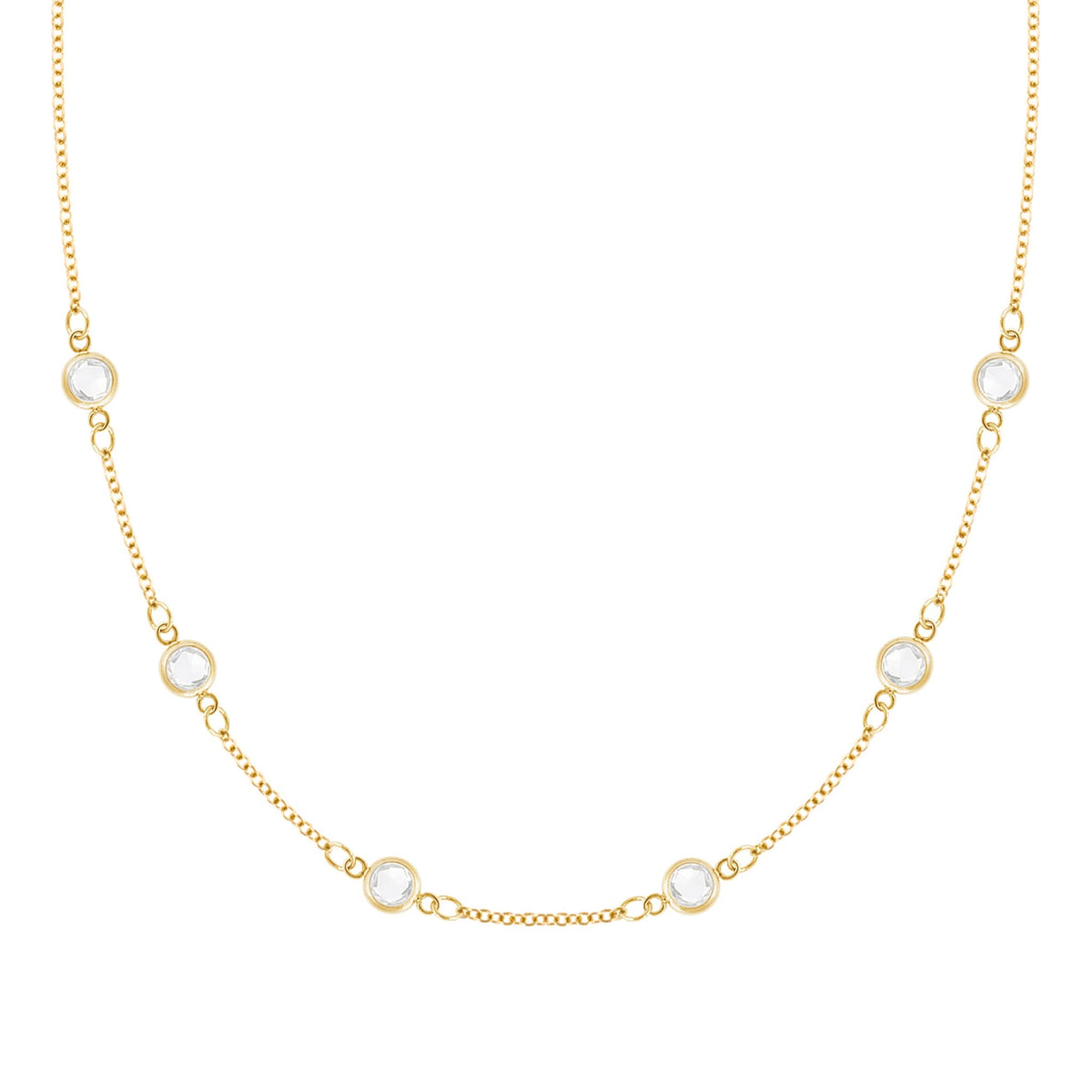 Personalized cable chain necklace featuring six 4 mm briolette cut gemstones bezel set in 14k yellow gold - front view