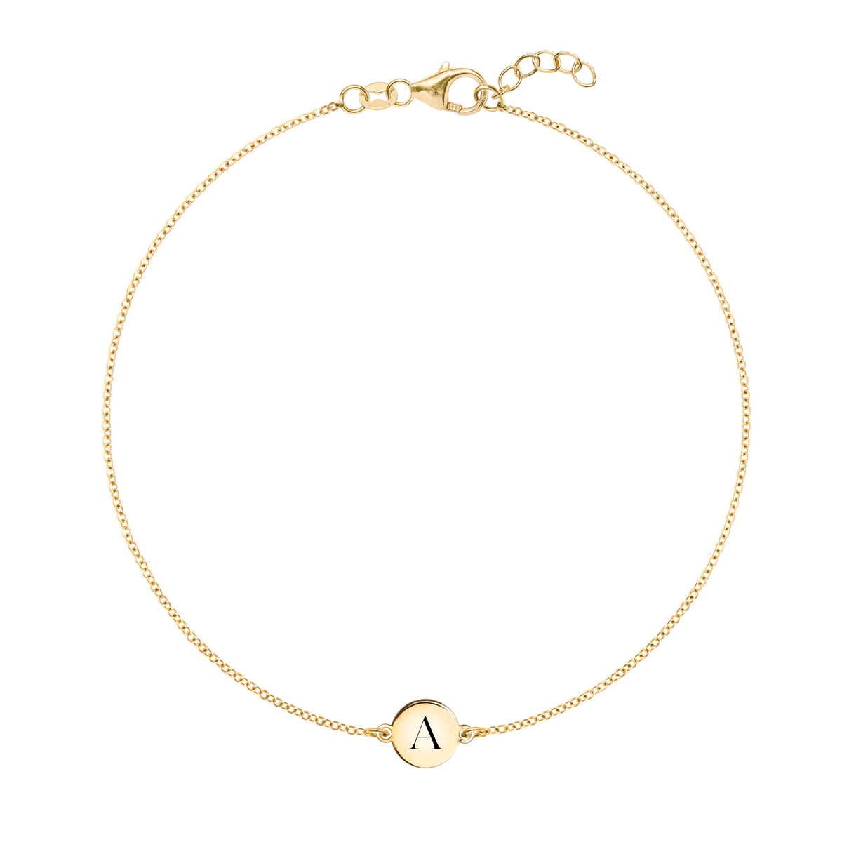 14k yellow gold cable chain bracelet featuring one 1/4” flat disc engraved with the letter A - front view