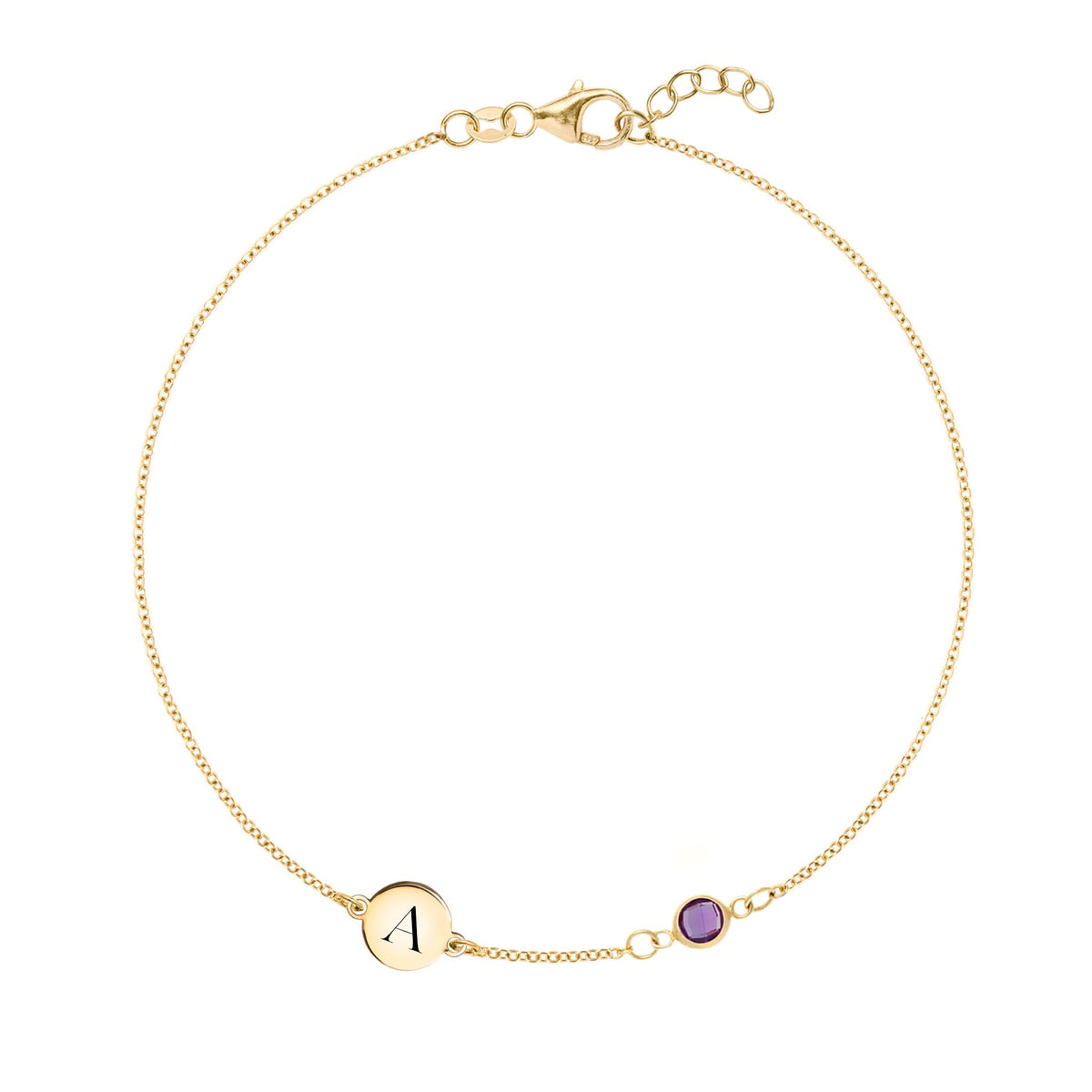 14k yellow gold Classic bracelet featuring one amethyst and one 1/4” flat disc engraved with the letter A - front view
