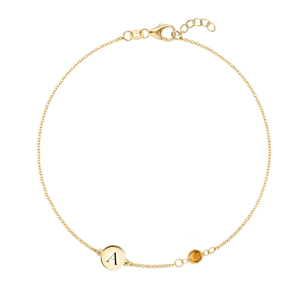 14k yellow gold Classic bracelet featuring one citrine and one 1/4” flat disc engraved with the letter A - front view