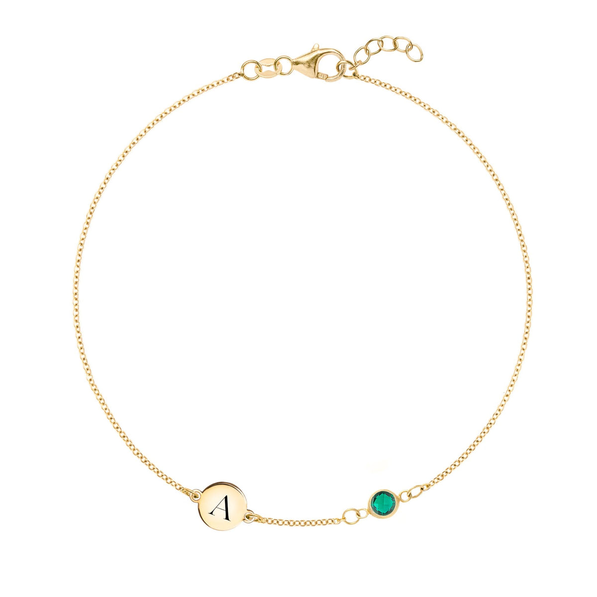 14k yellow gold Classic bracelet featuring one emerald and one 1/4” flat disc engraved with the letter A - front view