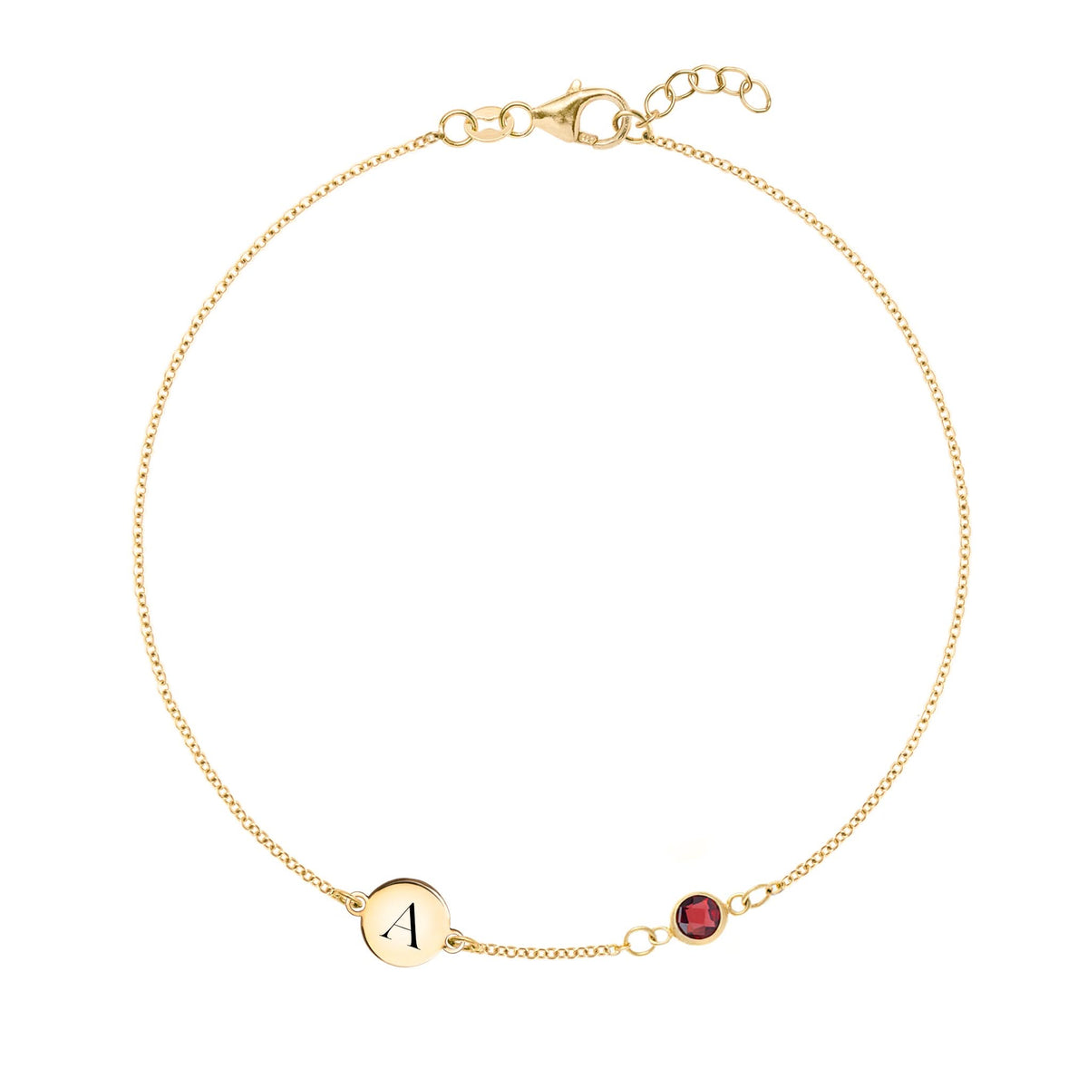 14k yellow gold Classic bracelet featuring one garnet and one 1/4” flat disc engraved with the letter A - front view