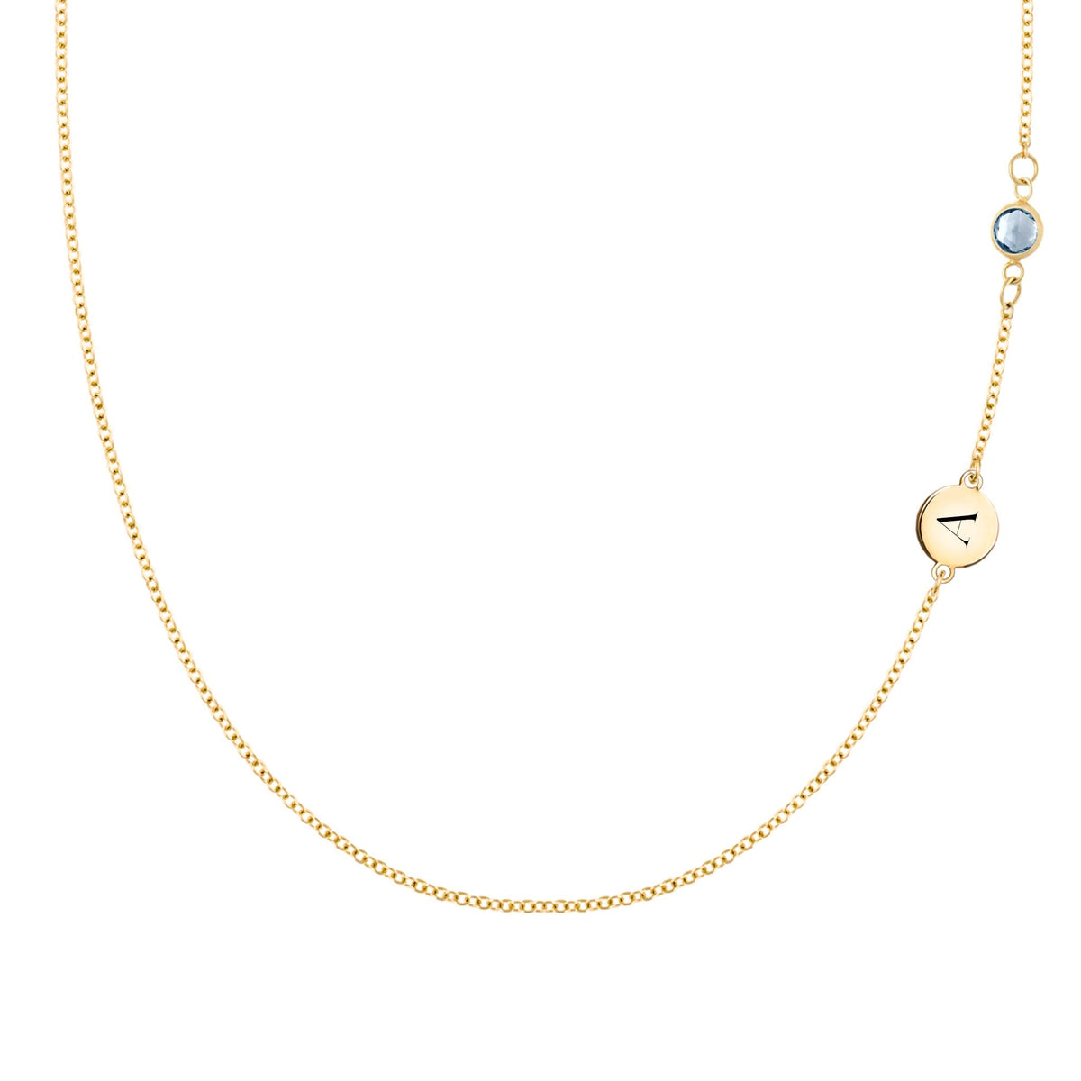 14k gold cable chain Classic necklace featuring one aquamarine and one 1/4” flat disc engraved with the letter A - front view
