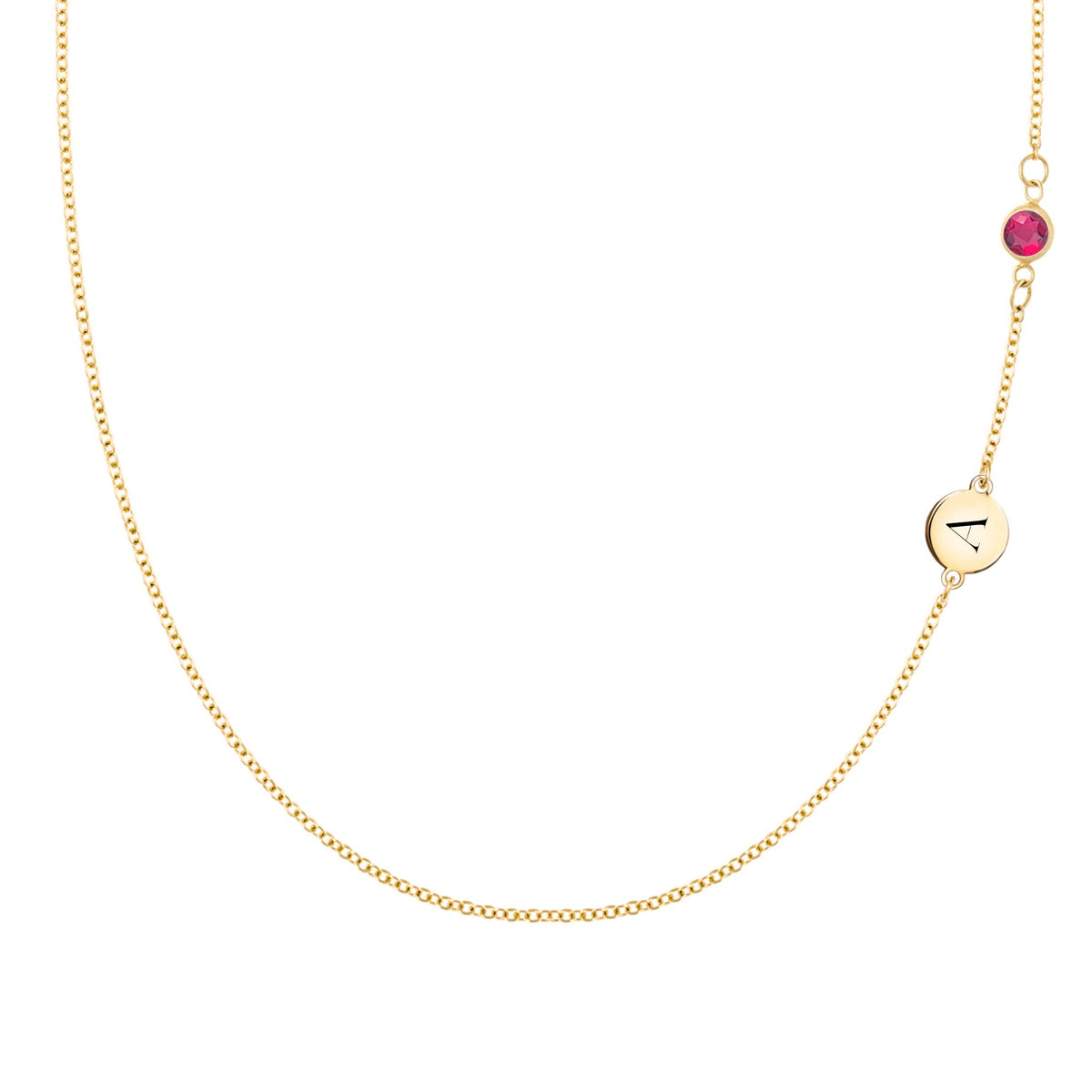 14k gold cable chain Classic necklace featuring one ruby and one 1/4” flat disc engraved with the letter A - front view