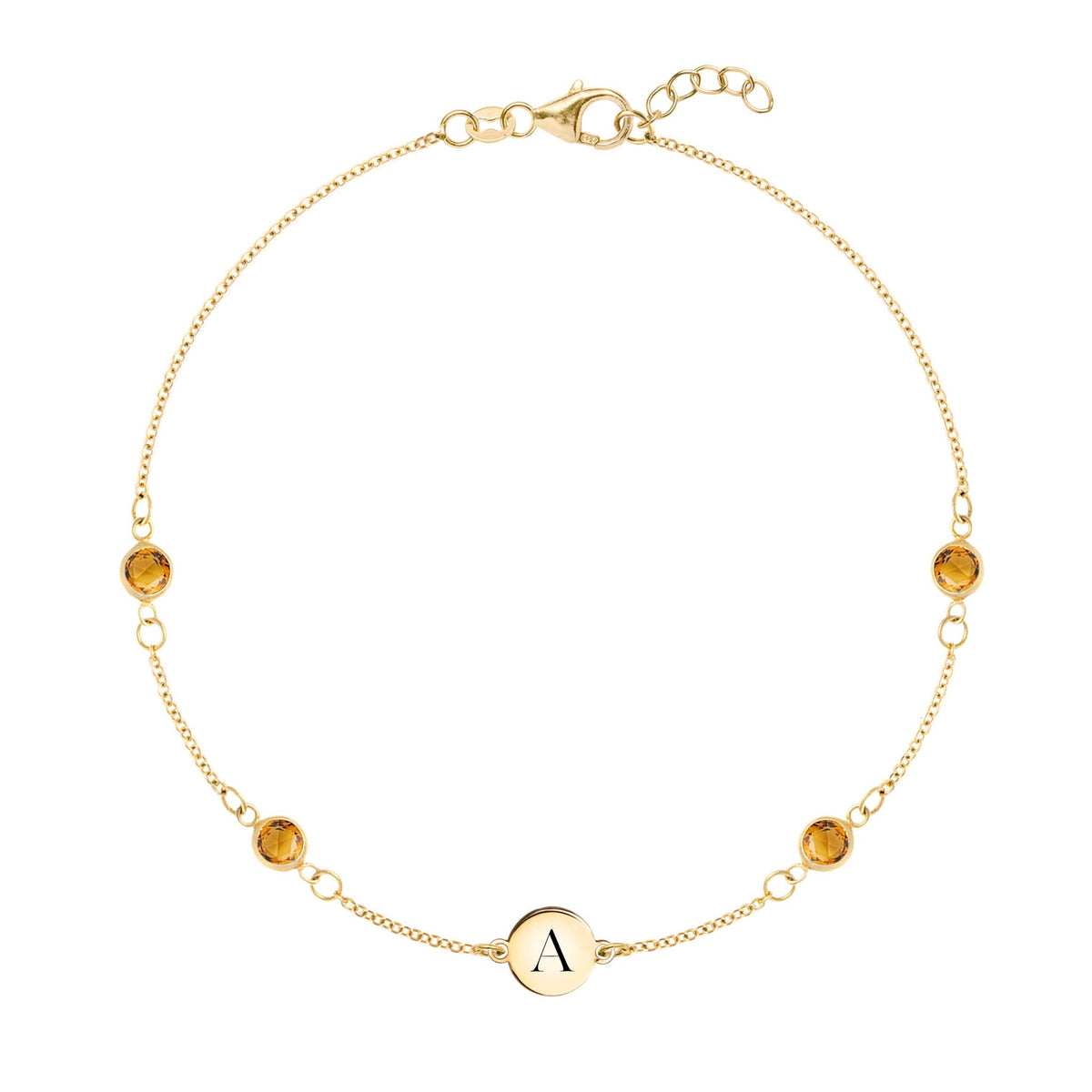 14k yellow gold Classic bracelet featuring four citrines and one 1/4” flat disc engraved with the letter A - front view
