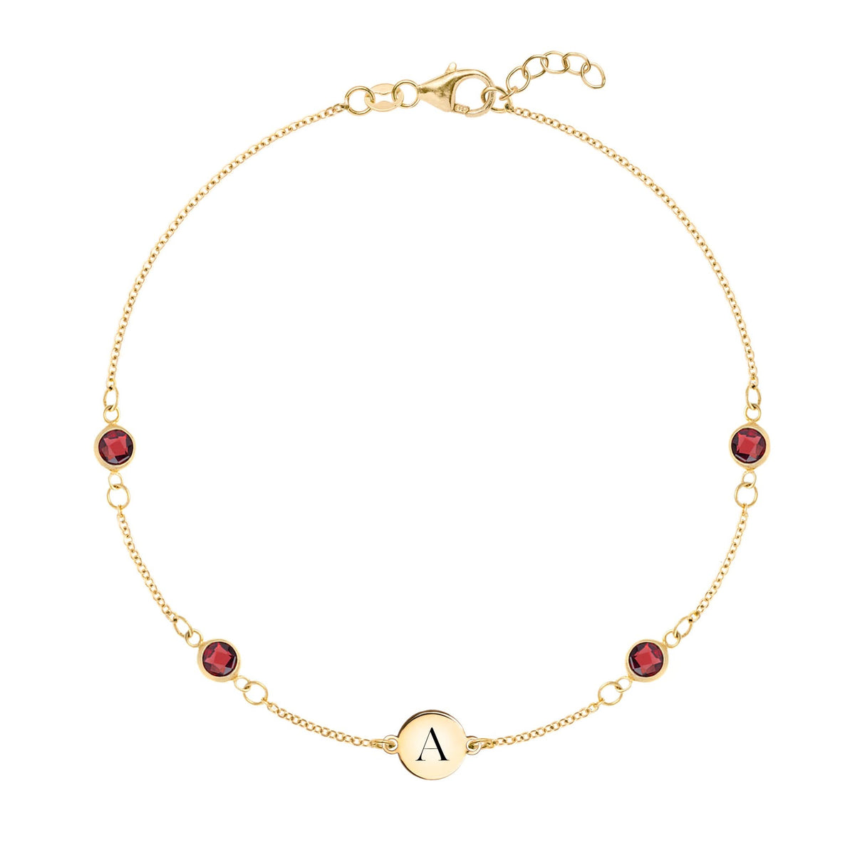 14k yellow gold Classic bracelet featuring four garnets and one 1/4” flat disc engraved with the letter A - front view