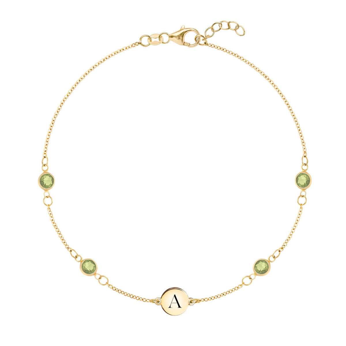 14k yellow gold Classic bracelet featuring four peridots and one 1/4” flat disc engraved with the letter A - front view