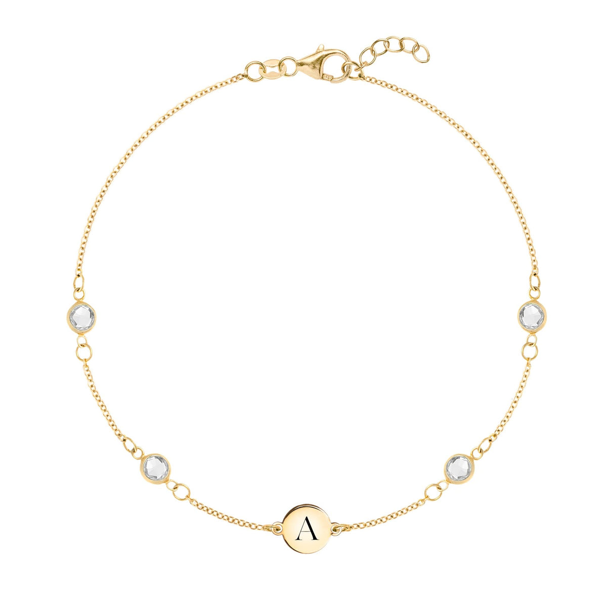 14k yellow gold Classic bracelet featuring four white topaz and one 1/4” flat disc engraved with the letter A - front view