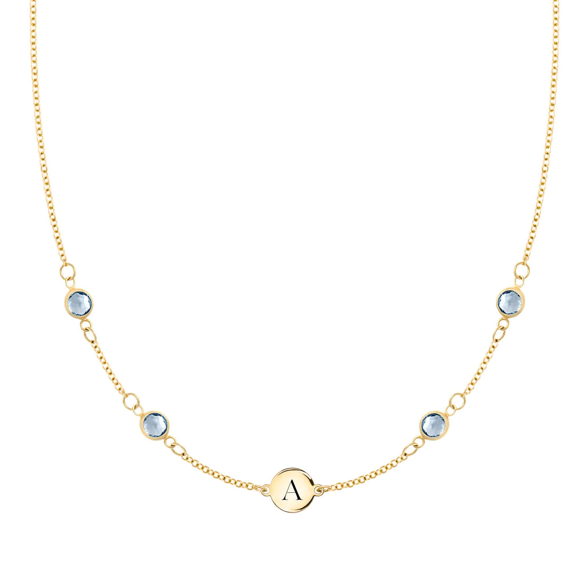 14k gold Classic necklace featuring four aquamarines and one 1/4” flat disc engraved with the letter A - front view