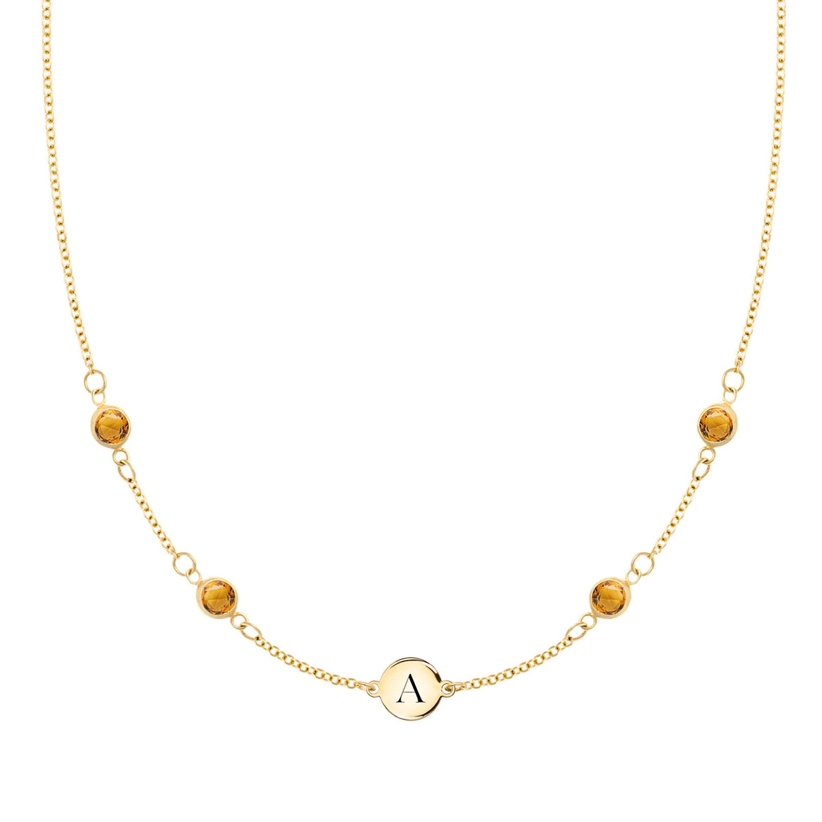 14k gold cable chain Classic necklace featuring four citrines and one 1/4” flat disc engraved with the letter A - front view