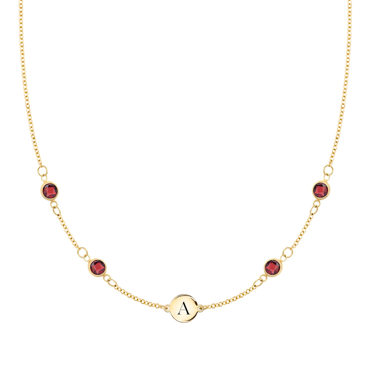 14k gold cable chain Classic necklace featuring four garnets and one 1/4” flat disc engraved with the letter A - front view