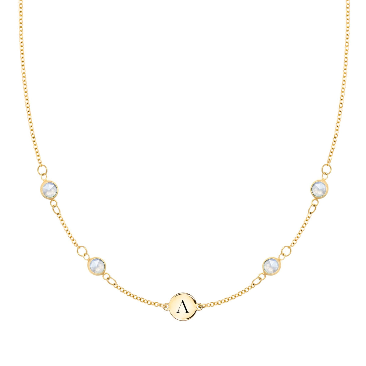 14k gold Classic necklace featuring four moonstones and one 1/4” flat disc engraved with the letter A - front view