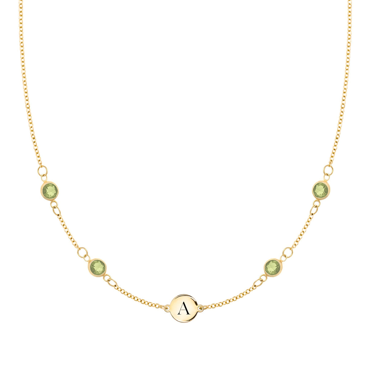 14k gold cable chain Classic necklace featuring four peridots and one 1/4” flat disc engraved with the letter A - front view