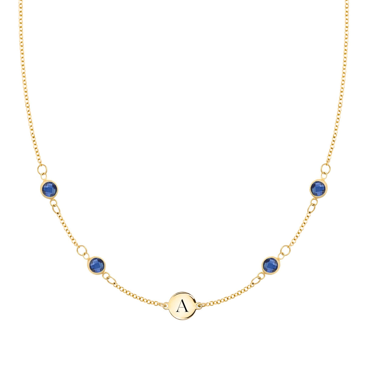 14k gold cable chain Classic necklace featuring four sapphires and one 1/4” flat disc engraved with the letter A - front view
