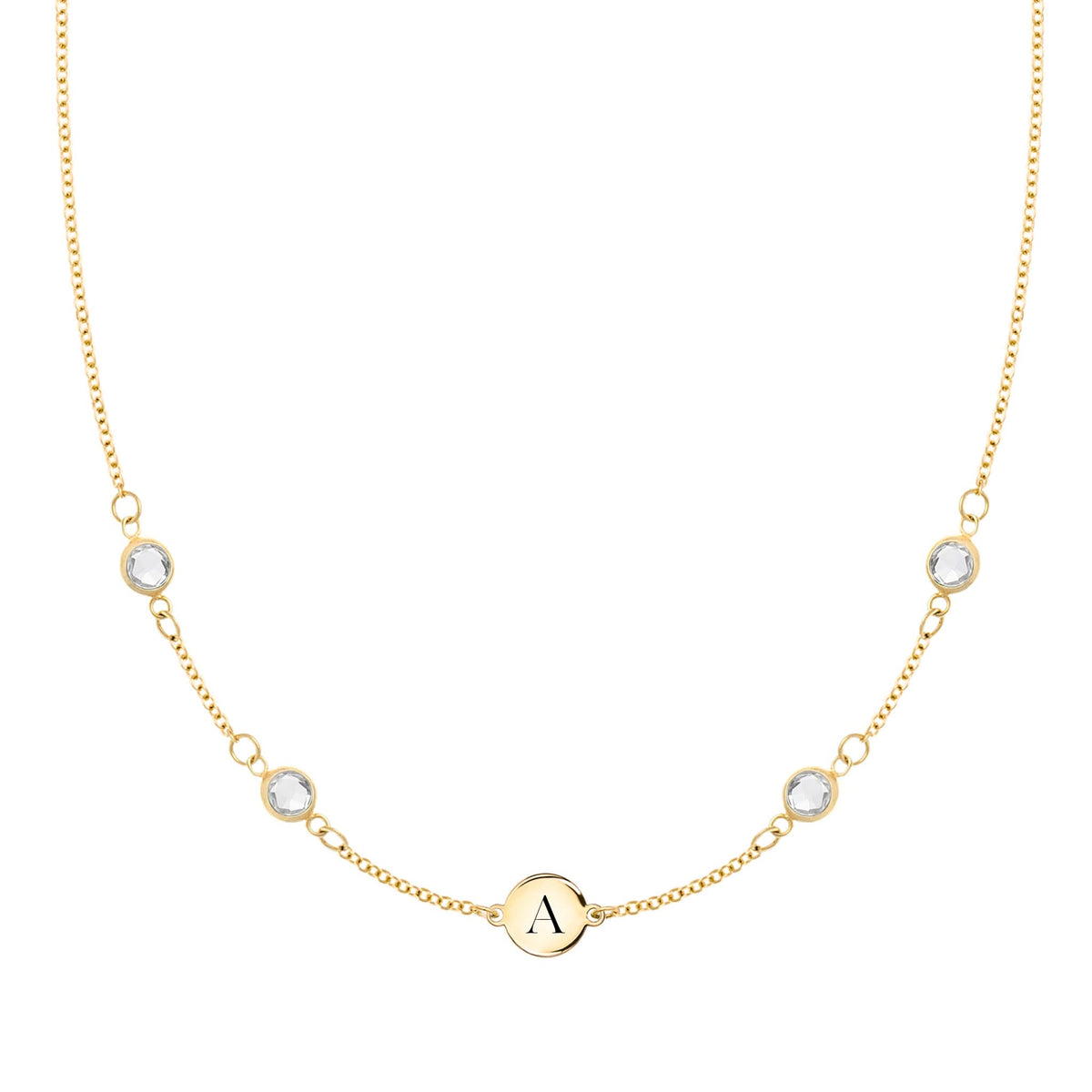 14k gold cable chain Classic necklace featuring four white topaz and one 1/4” flat disc engraved with the letter A