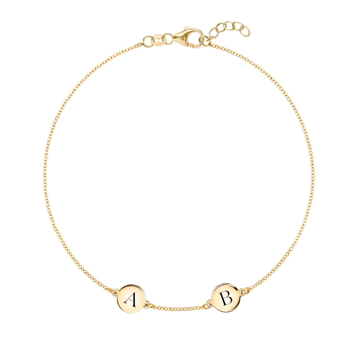 14k yellow gold cable chain bracelet featuring two 1/4” flat discs engraved with the letters A and B - front view