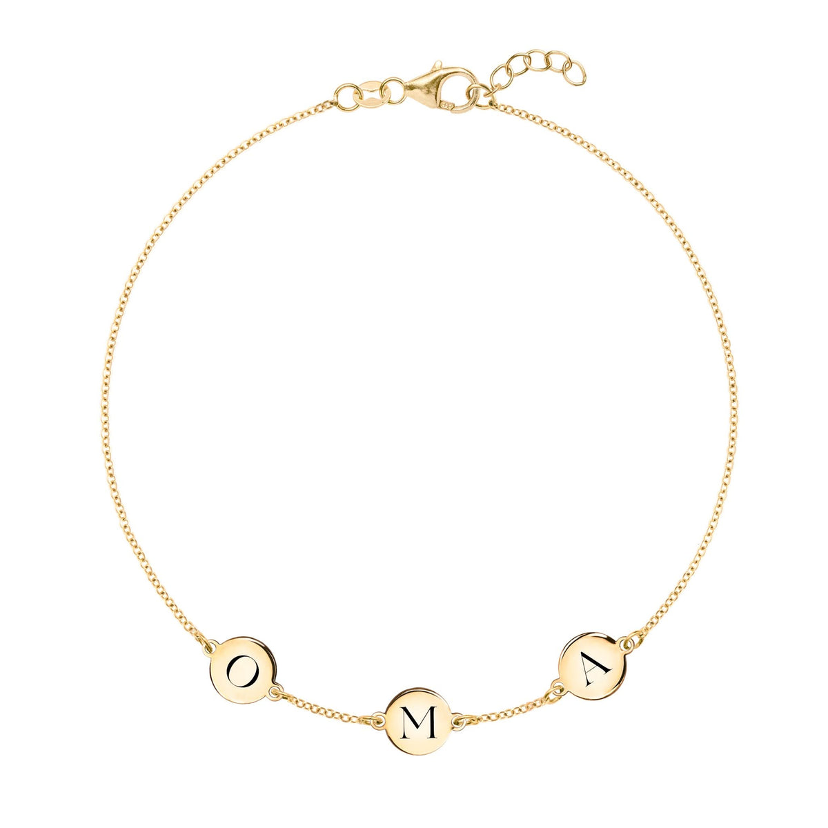 14k yellow gold cable chain bracelet featuring three 1/4” flat engraved letter discs, spelling OMA - front view