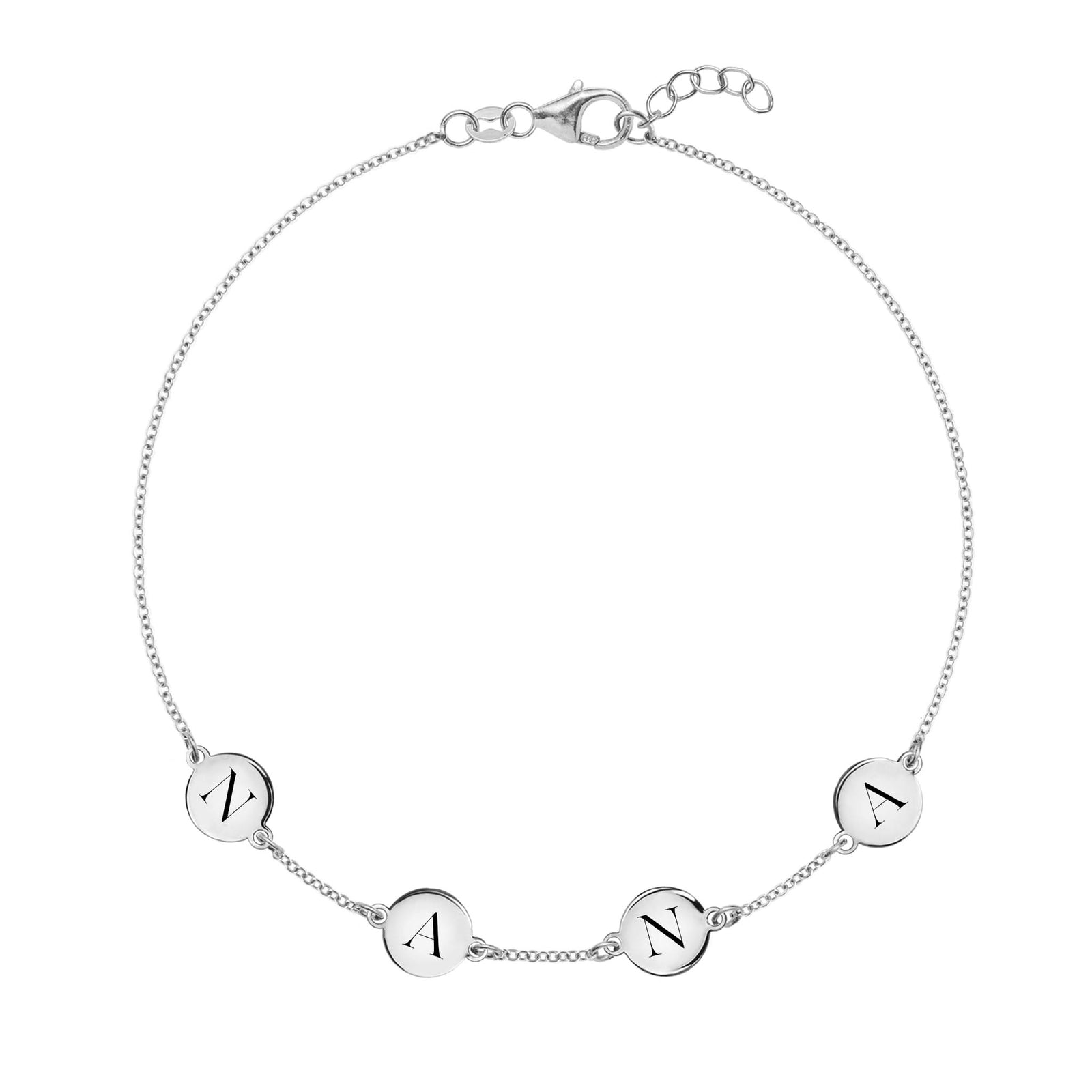 14k white gold cable chain bracelet featuring four 1/4” flat engraved letter discs, spelling MAMA