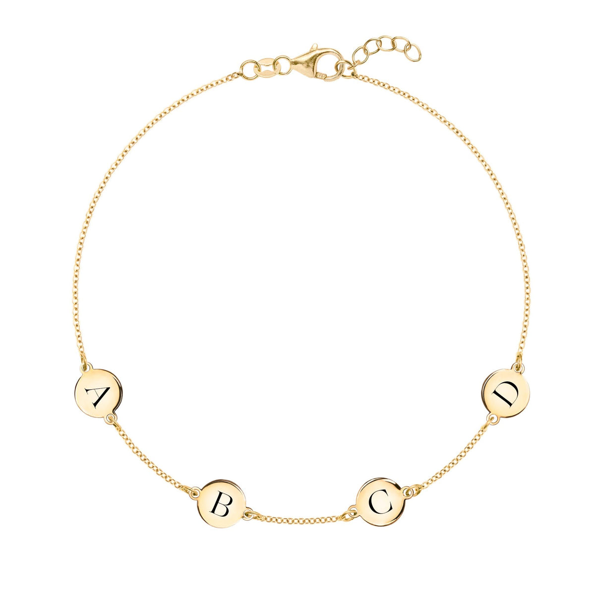14k yellow gold cable chain bracelet featuring four 1/4” flat discs engraved with letters ABCD - front view