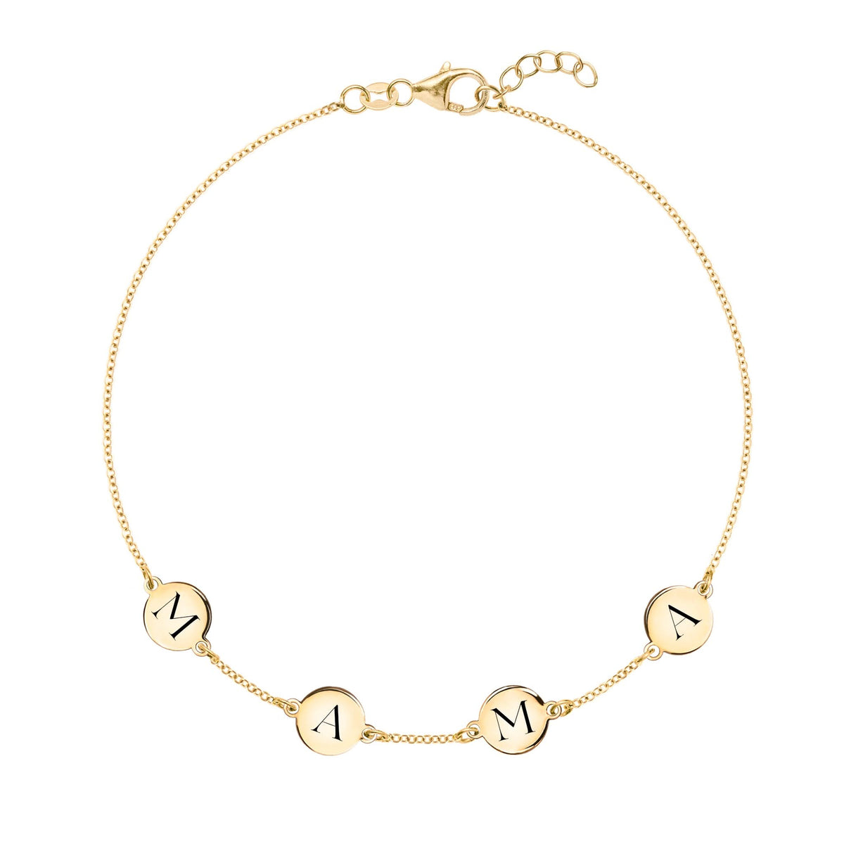 14k yellow gold cable chain bracelet featuring four 1/4” flat engraved letter discs, spelling MAMA - front view
