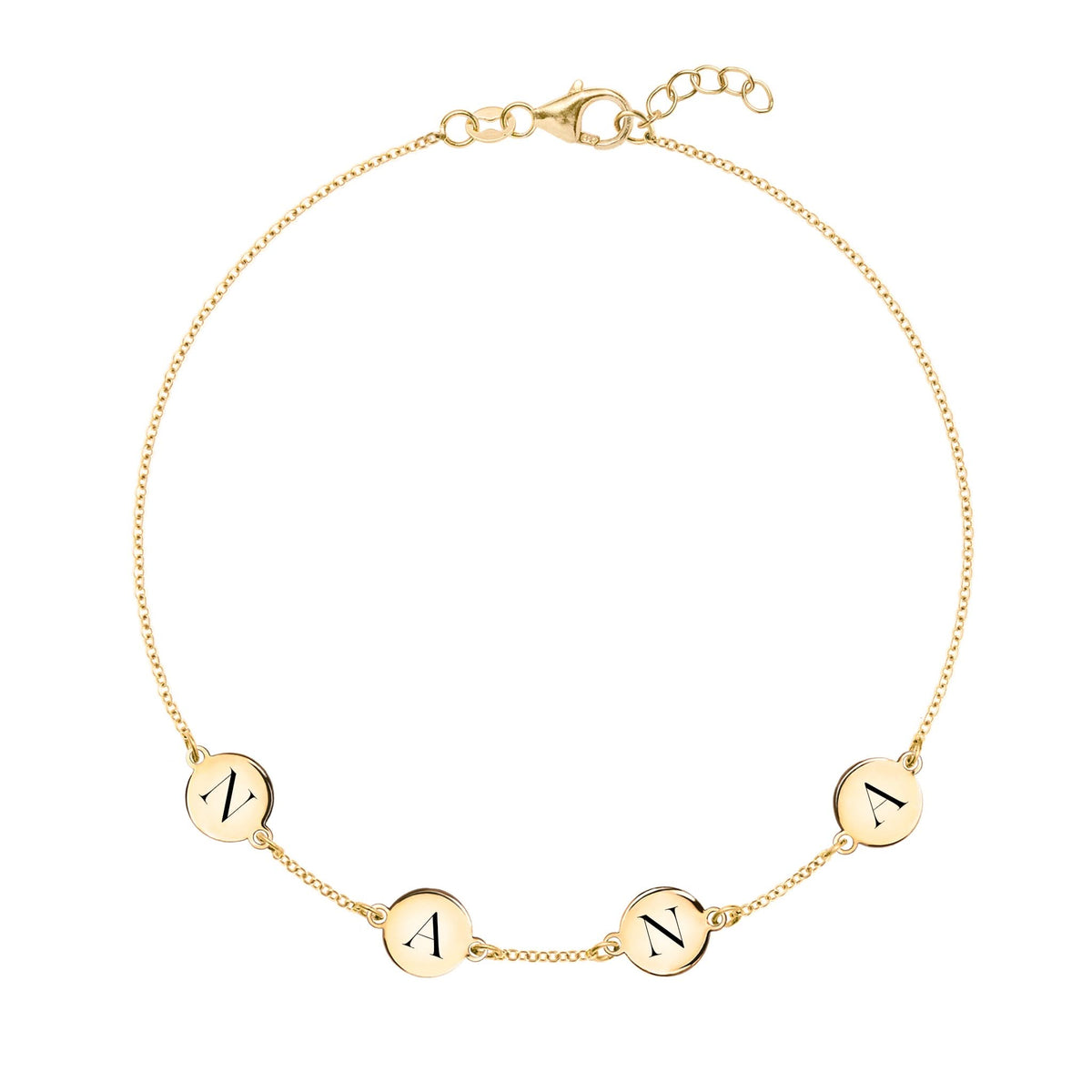 14k yellow gold cable chain bracelet featuring four 1/4” flat engraved letter discs, spelling MAMA - front view